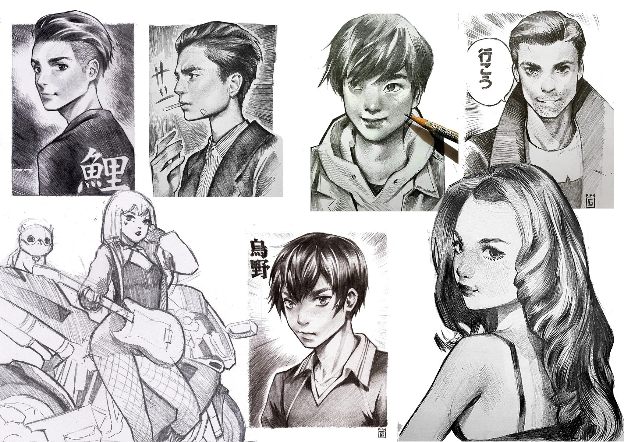 Collection of black and white illustrations of various people, including portraits, characters on motorcycles, and a girl with long hair, all sketched with detailed shading.