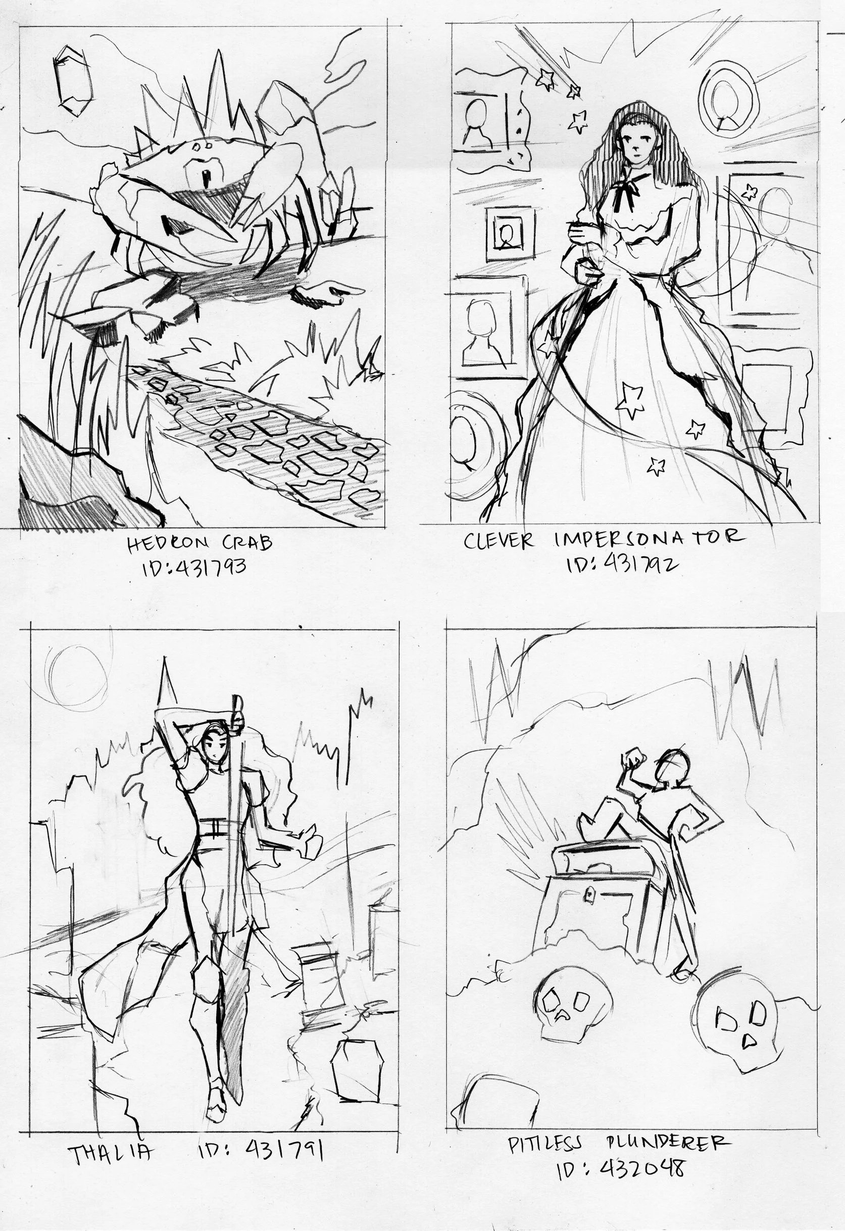 Four character sketches with labels and IDs: a hermit crab emerging from a shell next to rocks, a woman in a dress with frames on the wall behind her, a female warrior with a sword in a landscape, and a person defiling skulls and bones with rocks nearby.