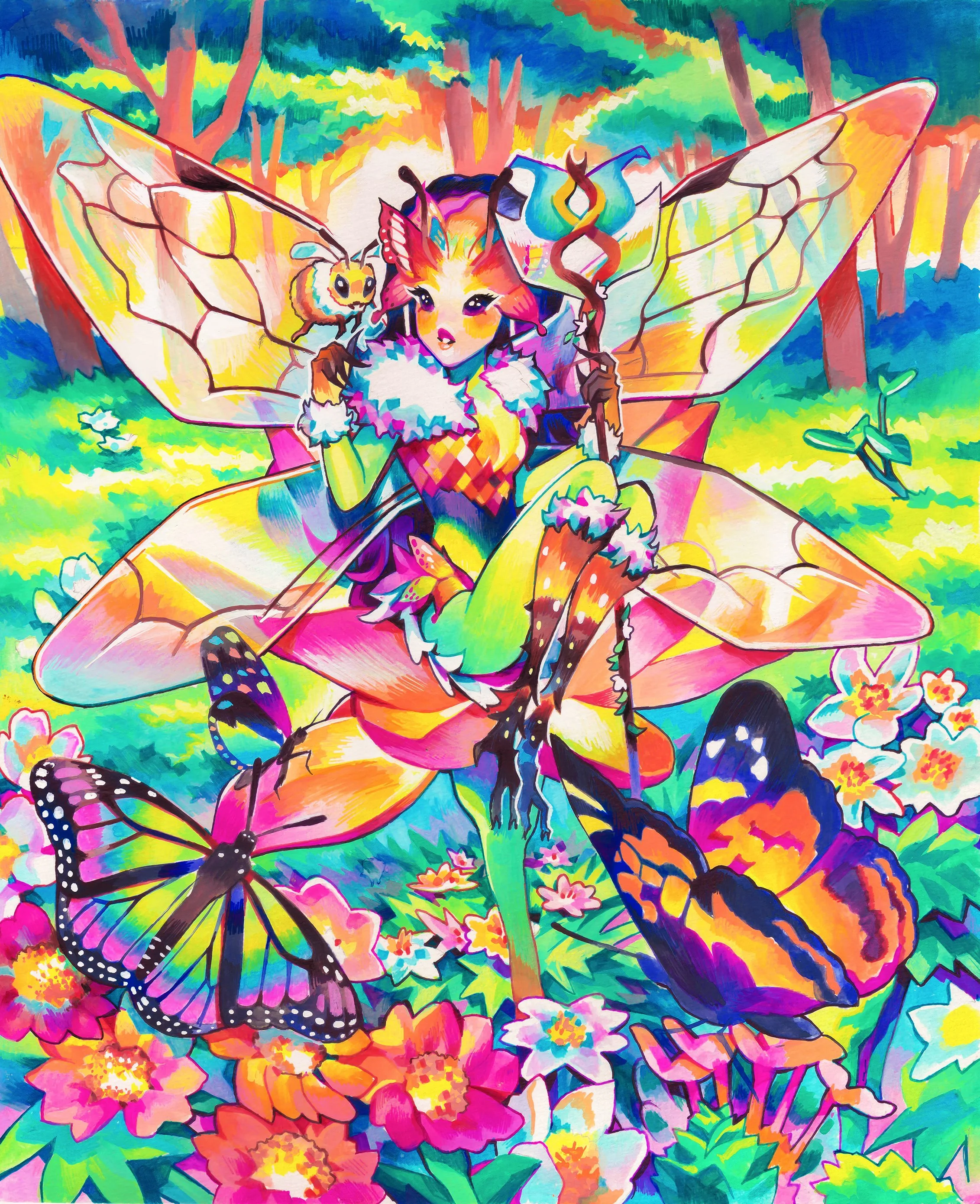 Colorful fantasy illustration of a fairy with butterfly wings sitting on a flower in a vibrant forest, surrounded by butterflies and flowers.