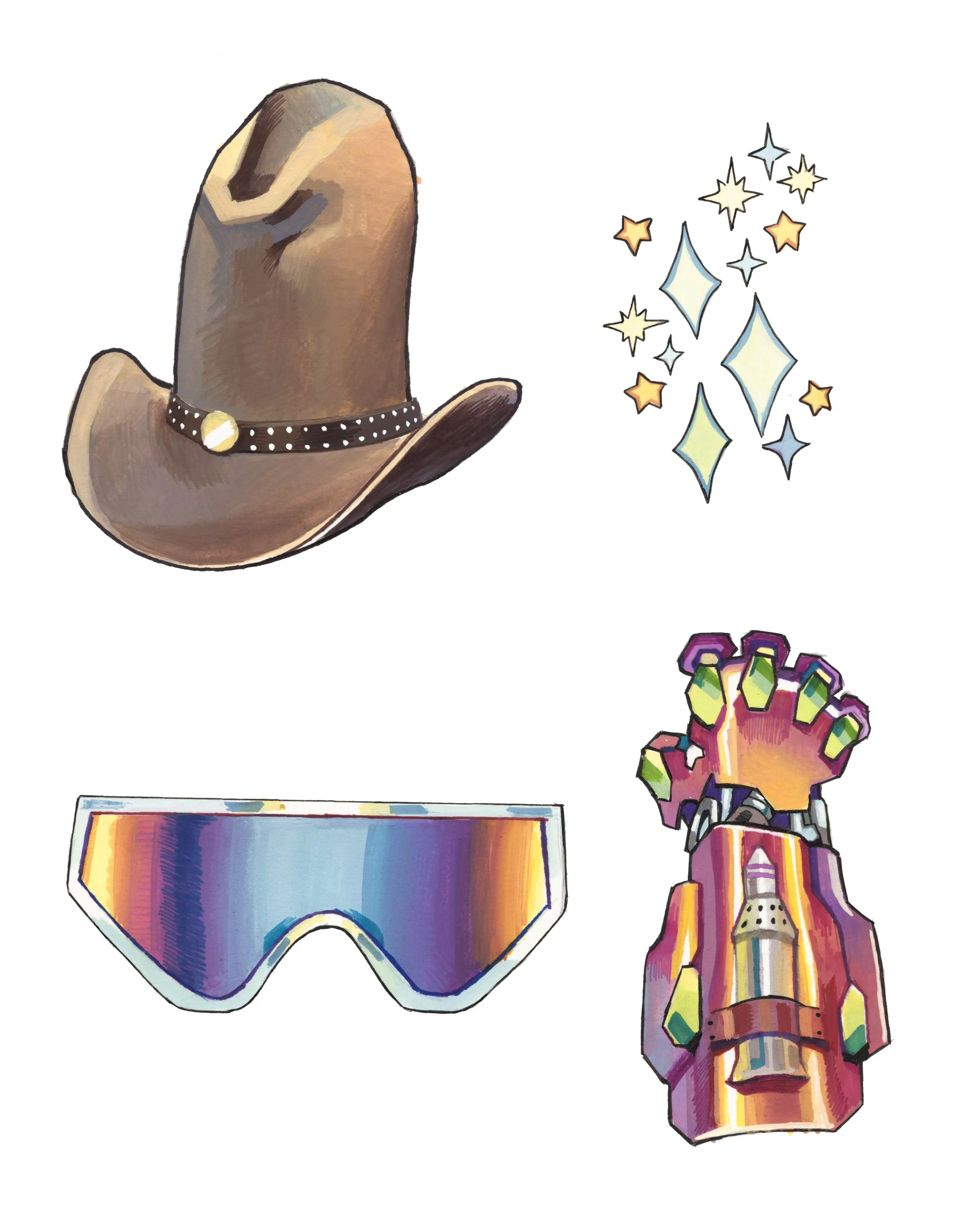 Illustration of a cowboy hat with a band and a star, a cluster of shiny stars, a pair of colorful sunglasses, and a tiki mask with detailed features.