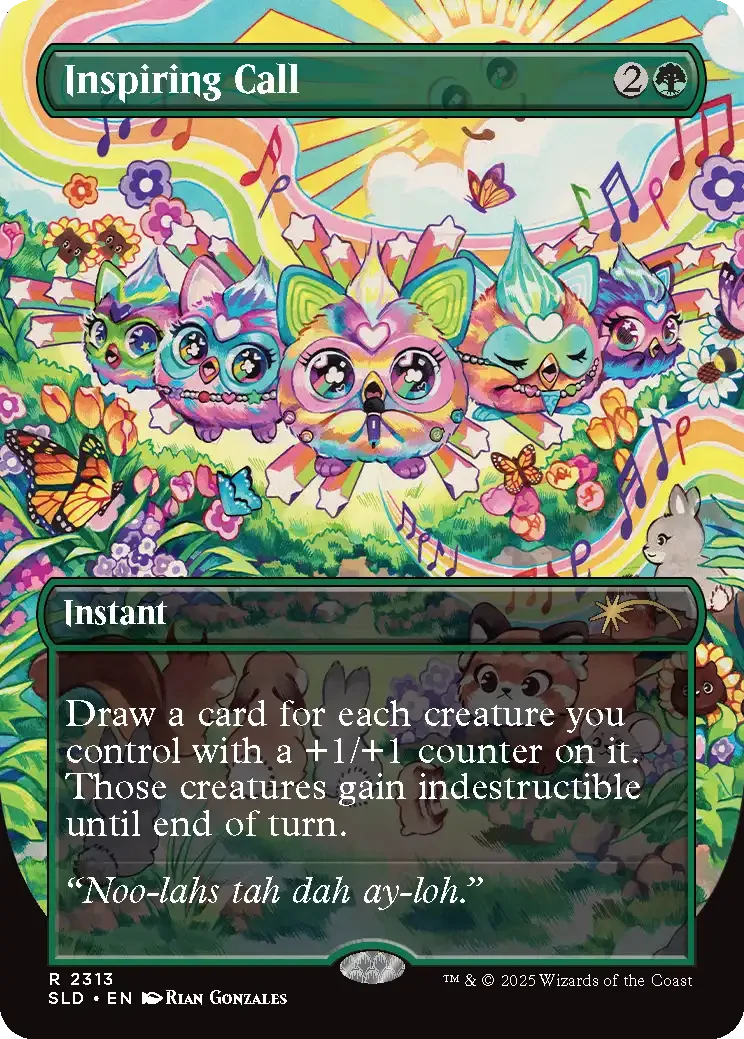 Colorful fantasy card titled 'Inspiring Call' featuring a group of adorable, rainbow-colored creatures with big, expressive eyes, sitting among flowers, butterflies, and rainbows in a vibrant outdoor scene.