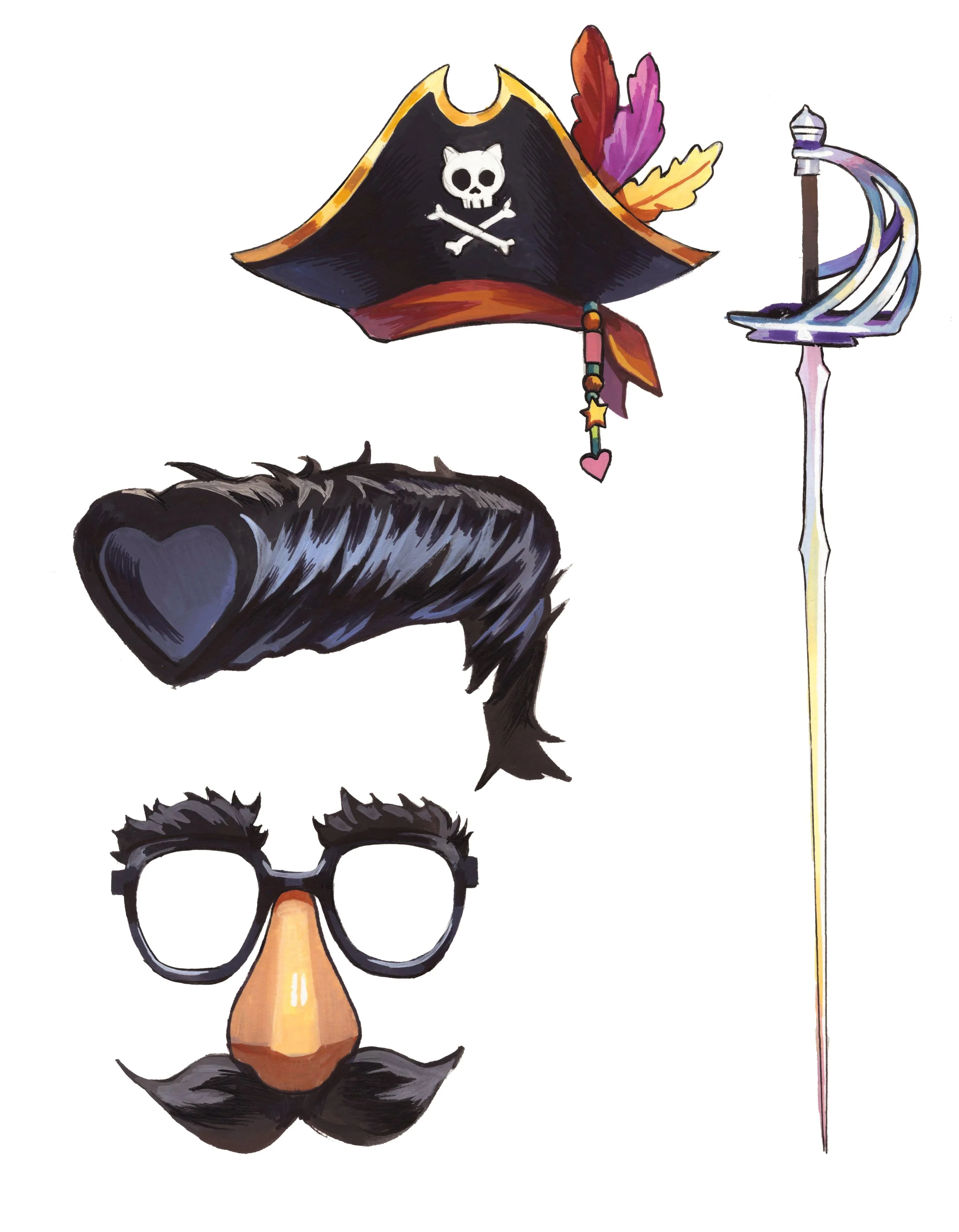 A pirate-themed digital illustration featuring a pirate hat with a skull and crossbones, colorful feathers, a black furry arm, a mustache, glasses, a nose, and a long, ornate sword with rainbow colors.