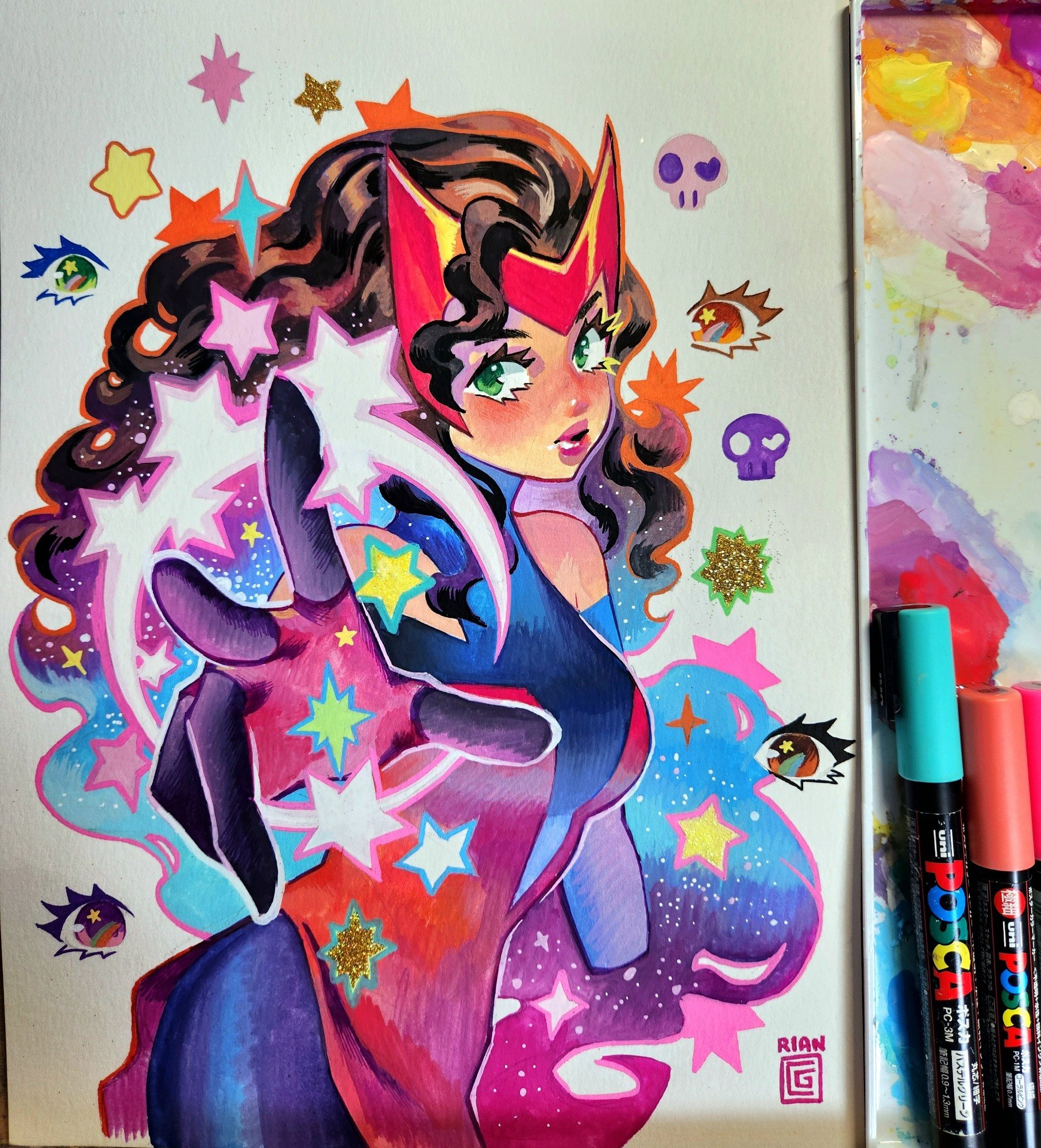 Colorful illustration of a female superhero with long, wavy brown hair, wearing a red and gold crown-like headpiece, a blue cape, and a tight blue outfit. She is surrounded by comic-style stars, eyes, and skulls, with a space-themed background of stars and swirling colors.