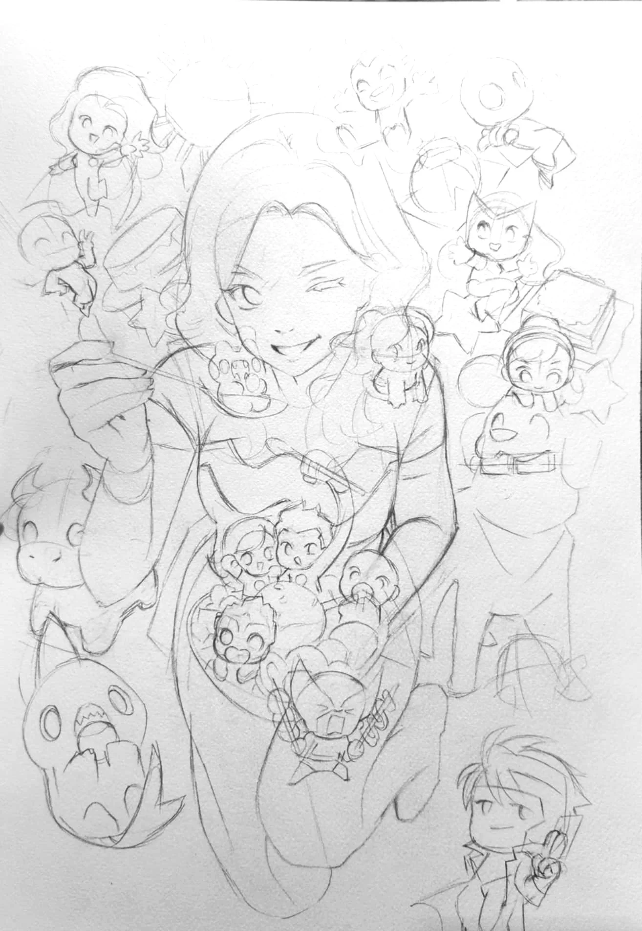 A detailed pencil sketch of a woman surrounded by various anime-style characters, including a girl with a star on her outfit, a girl with glasses, a cartoonish flower, animals, and other expressive characters.