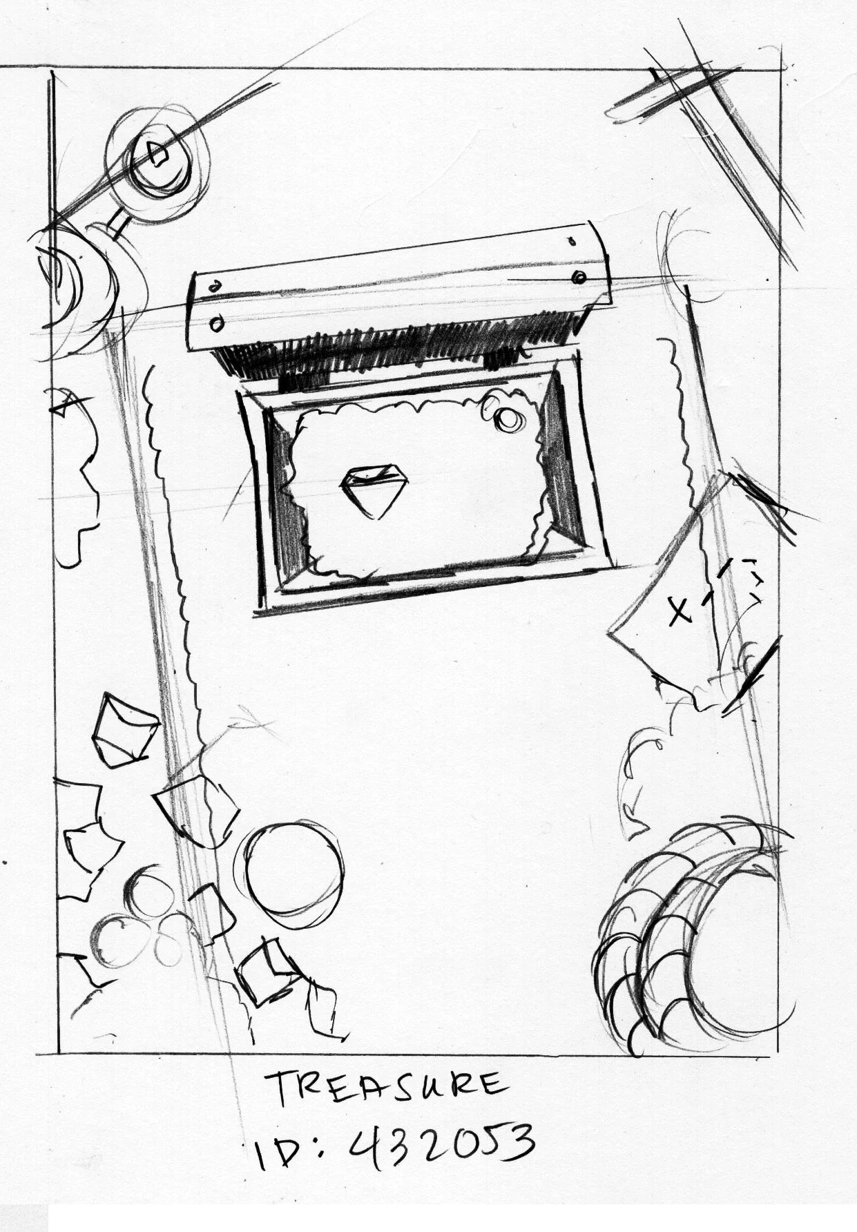 Sketch of a treasure chest with an open lid, containing a diamond, surrounded by scattered coins, crystals, and a rolled-up map with an 'X' mark, labeled 'TREASURE' with ID number 432053.