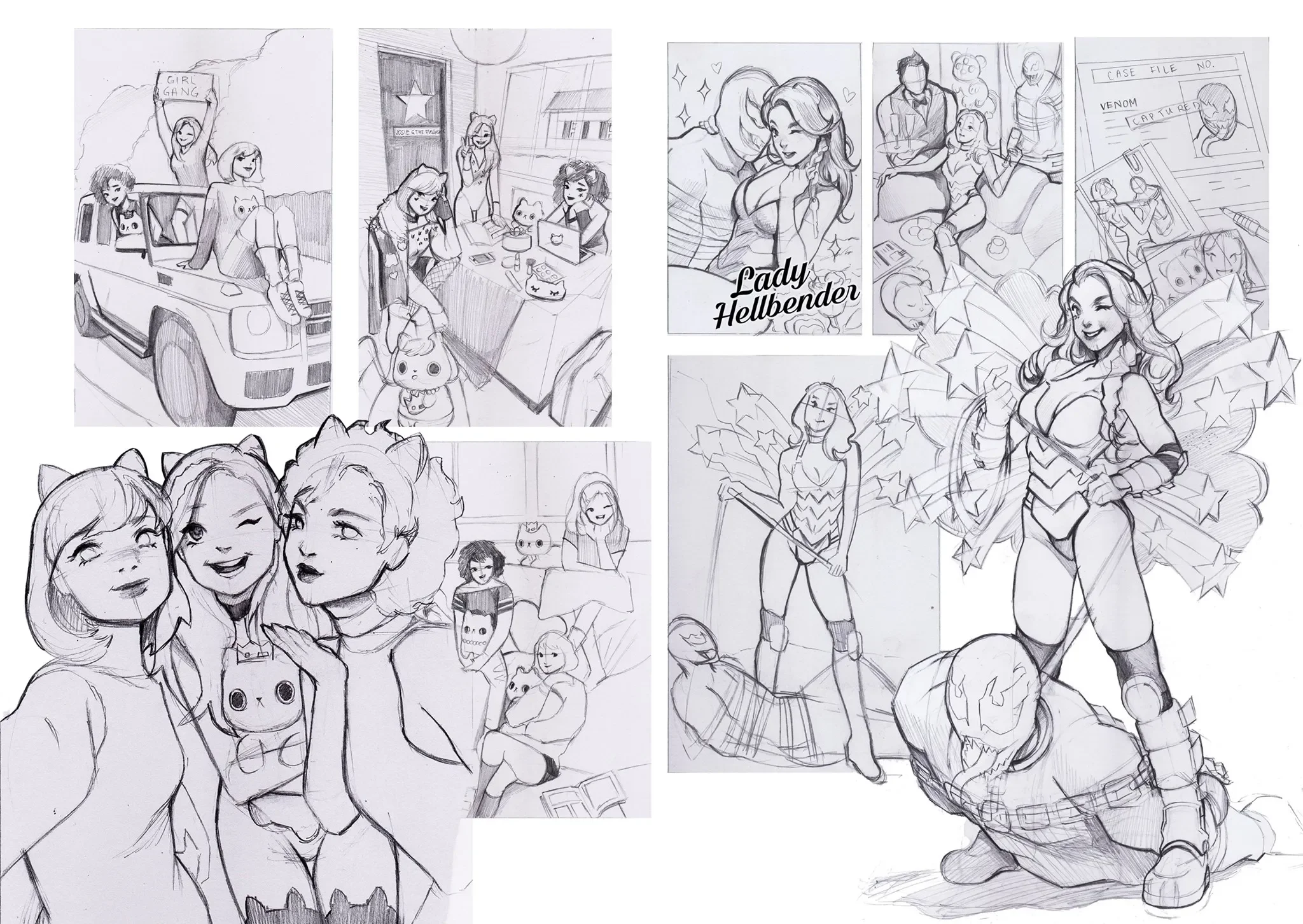 A collage of sketches featuring various characters, including a girl holding a sign that says "Girl Gang," a girl at a computer with a cat, a promotional poster of Lady Hellbender, a group of three smiling girls, and a superheroine with star wings and a villain on the ground.
