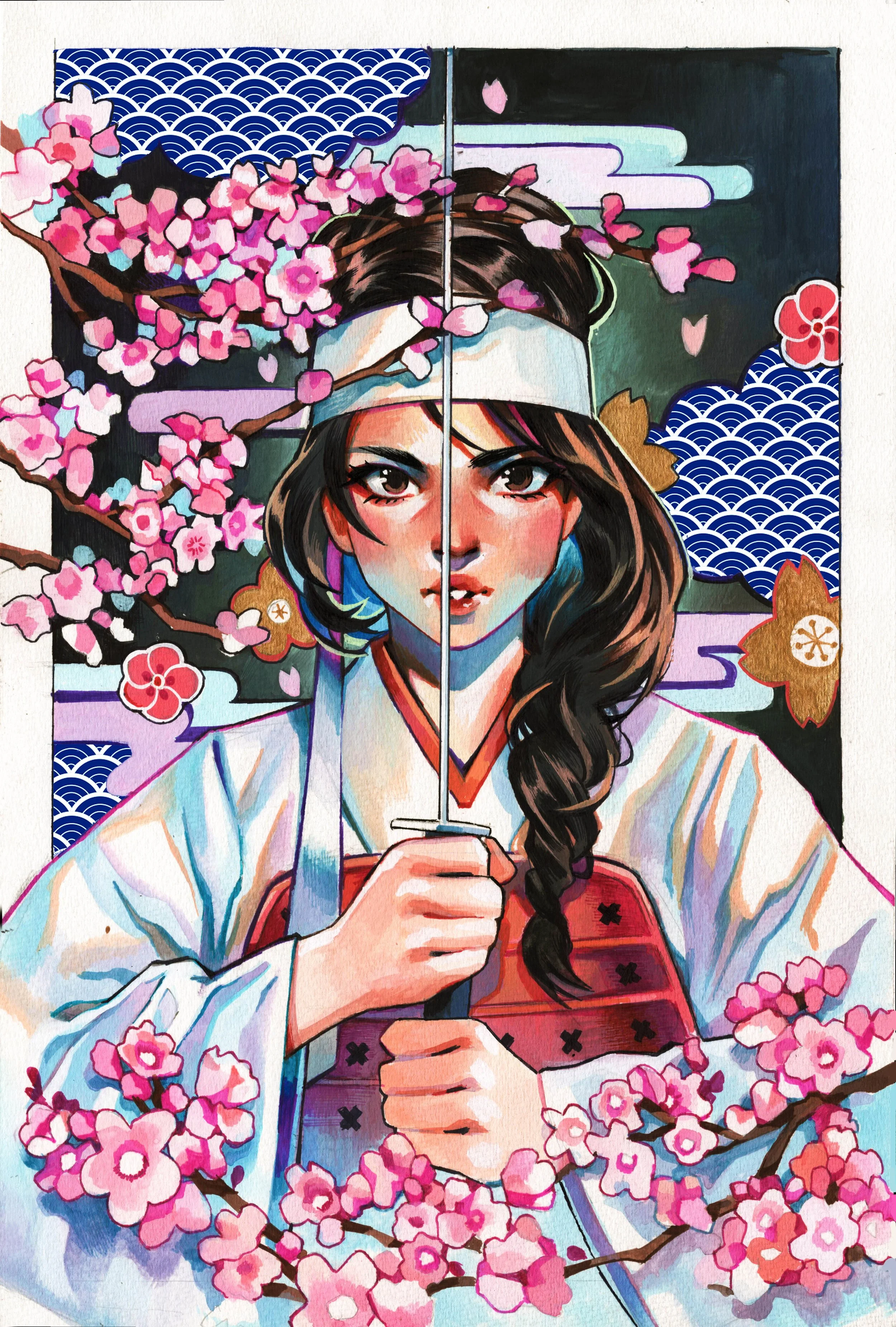 A vibrant illustration of a woman dressed in traditional Japanese attire, holding an umbrella with cherry blossoms and decorative clouds in the background.