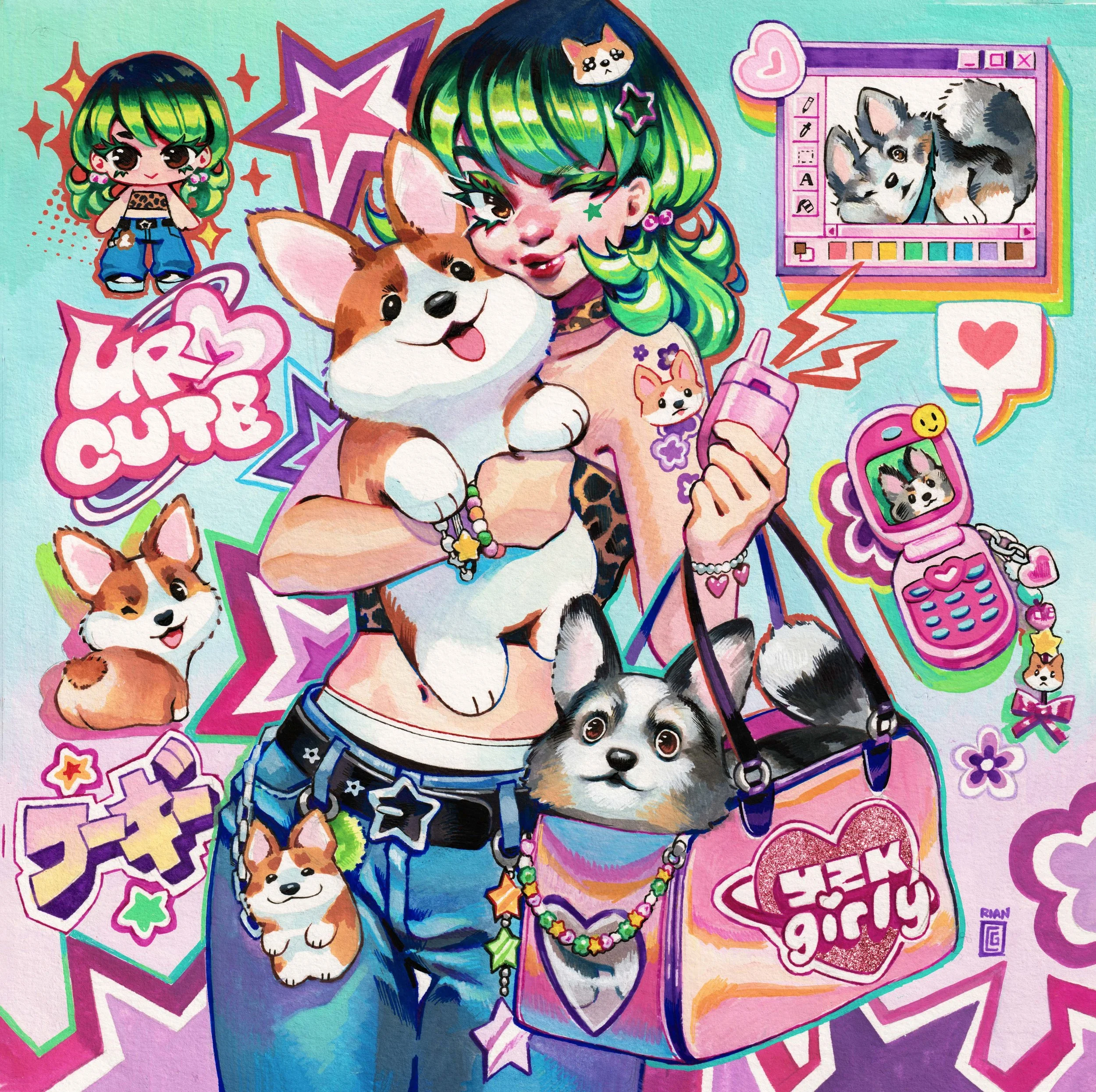 A colorful illustration of a girl with green hair surrounded by multiple cute dogs, cartoon decals, and pop culture accessories, holding a pink phone and wearing a bag labeled 'teen girlily'.