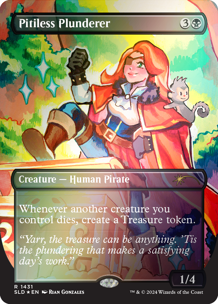 A colorful illustration of a female pirate with red hair, wearing a red cape, white shirt, and brown boots. She is animatedly smiling with her fist raised. A small gray cat stands on her shoulder. The background is lush with green foliage.