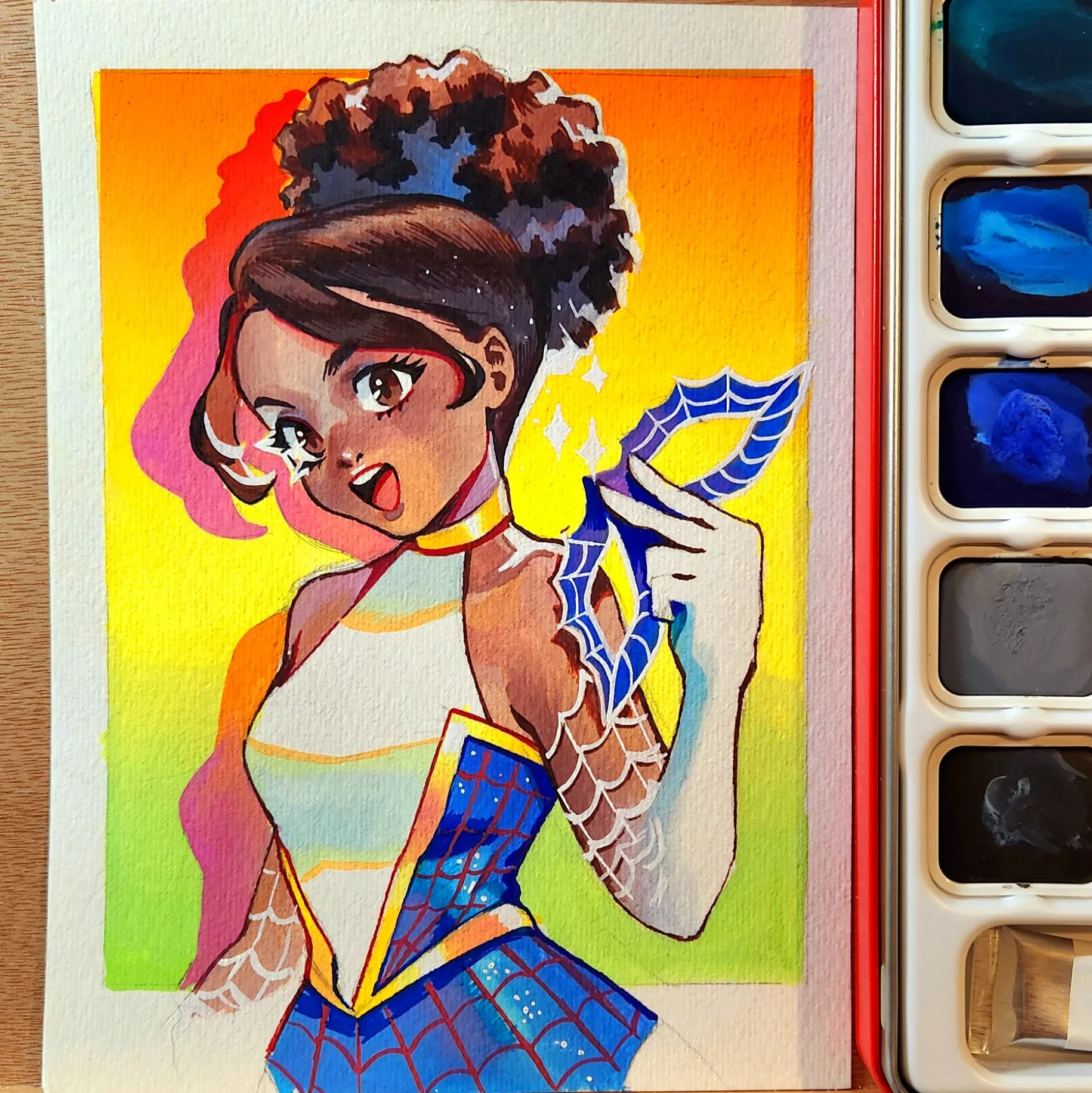 A colorful illustration of a young woman in a Spider-Man costume, holding a spider web decoration, with a rainbow background.