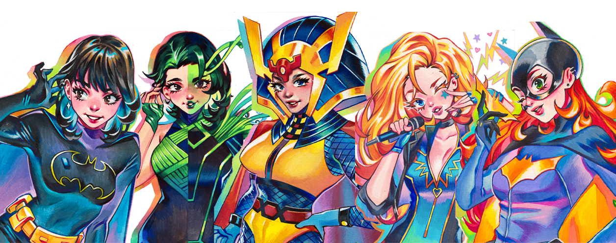 Colorful illustration of female superheroes inspired by comic book characters, including Batman, Poison Ivy, a character resembling Wonder Woman, and Batgirl in vibrant costumes.