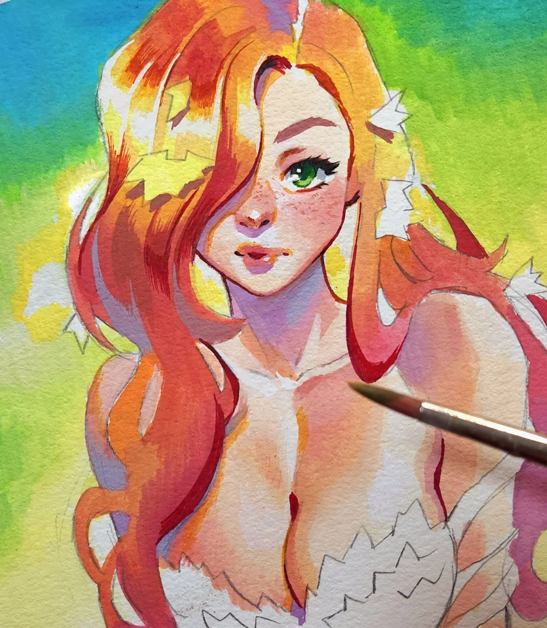 A watercolor painting of a woman with long red hair, green eyes, and freckles, holding an ice cream cone, with a background blending green and blue.