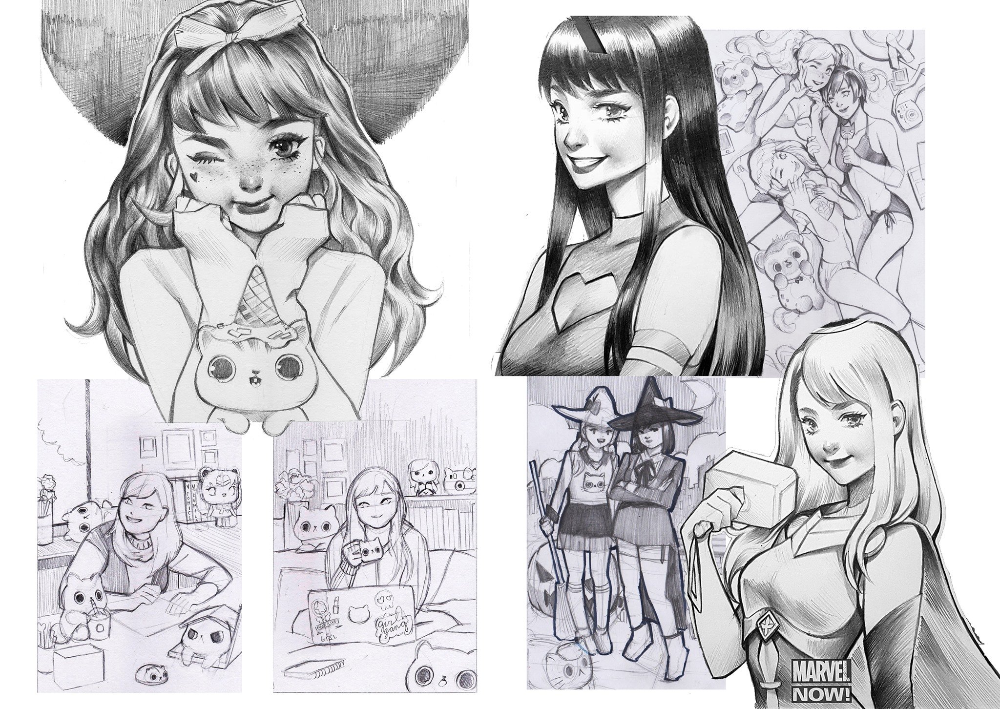 Collage of fan art sketches of popular characters from various media, including a girl with a large hat and a cute animal, a woman with long dark hair and a confident expression, a group of characters in cosplay, and a woman working on art at a desk with plush toys and a drawing tablet.