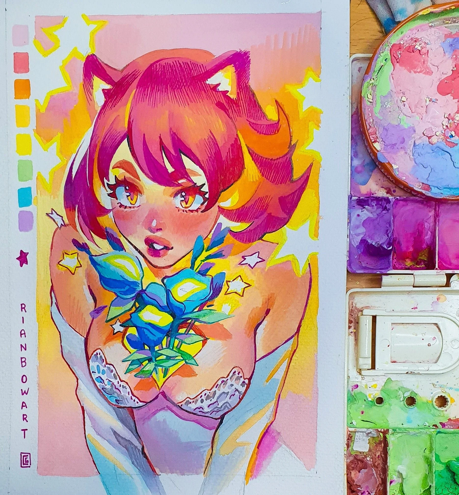 Colorful illustration of a female character with cat ears, holding a bouquet of blue and yellow flowers, surrounded by stars, with pink hair and expressive eyes, using bright watercolors.