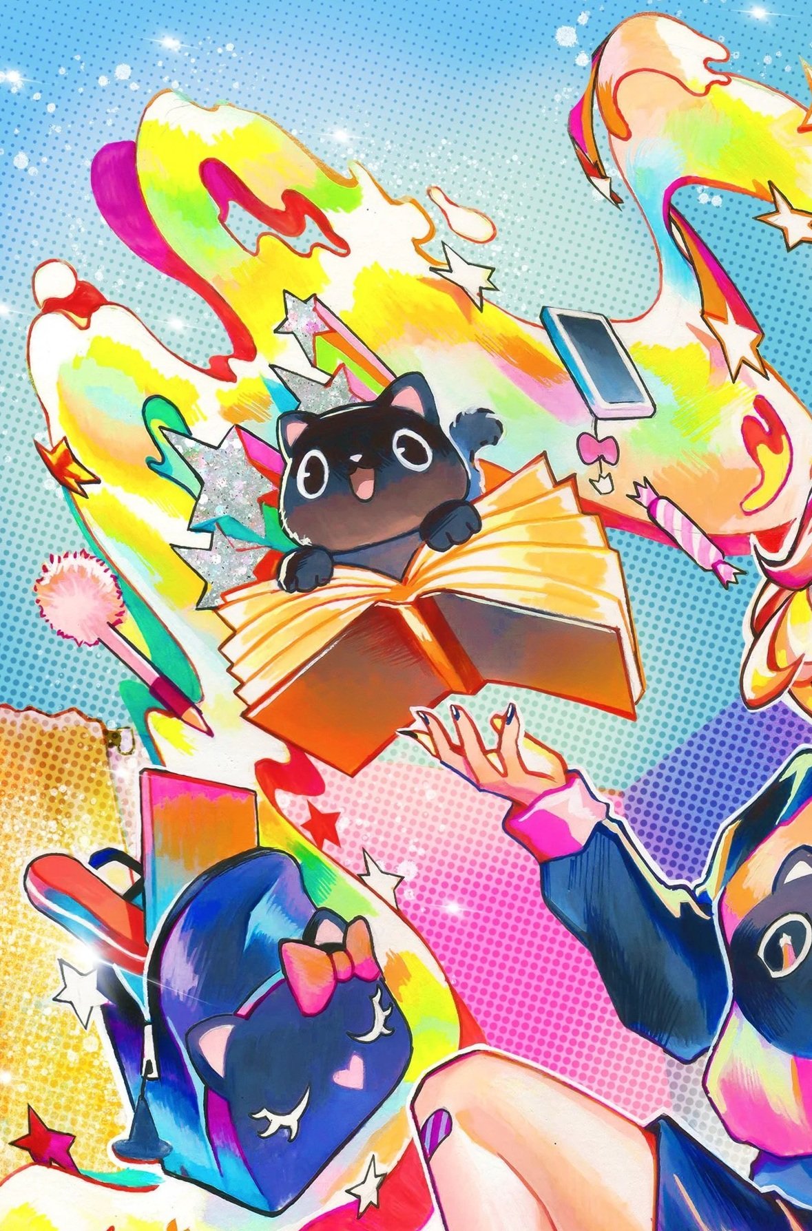 Colorful, cartoon-style illustration of cats with notebooks, a phone, and stationery, surrounded by sparkles and rainbow swirls.