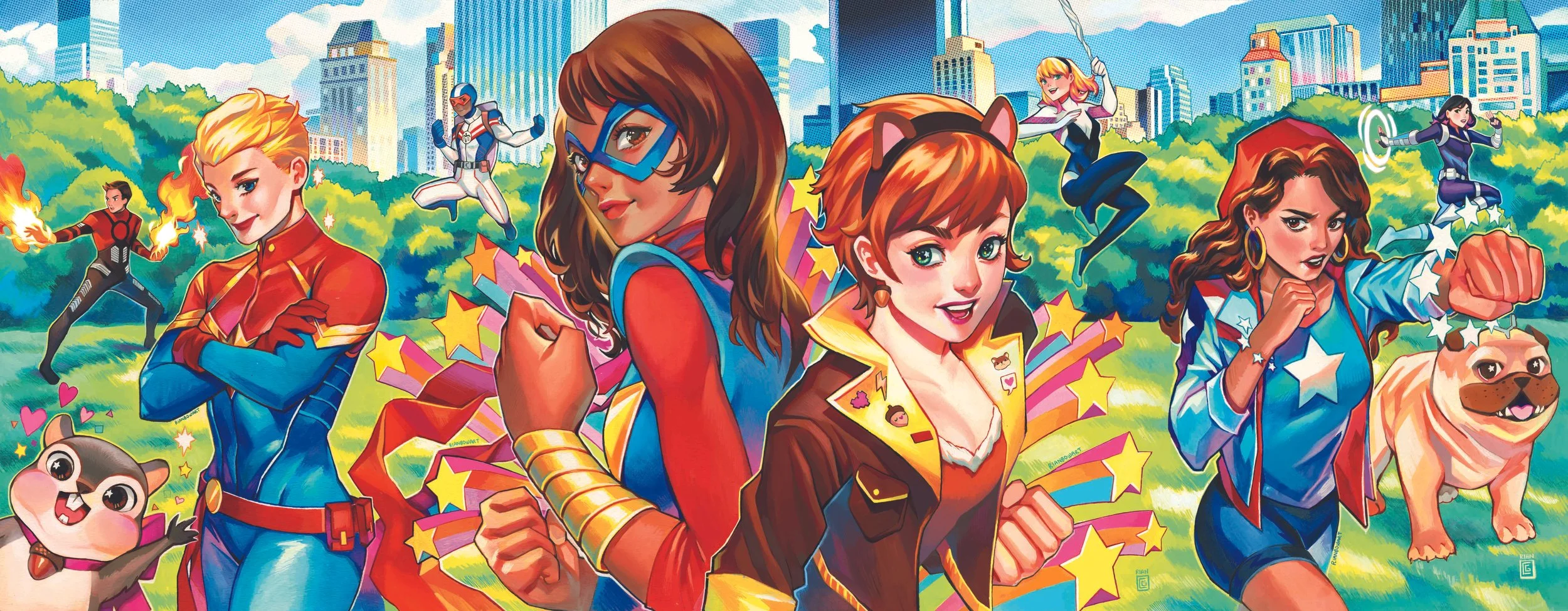 Marvel Rising Connecting cover by Rian Gonzales featuring Quake, Captain Marvel, Captain America, Ms Marvel, Squirrel Girl, Spider-Gwen, America Chavez and Lockjaw