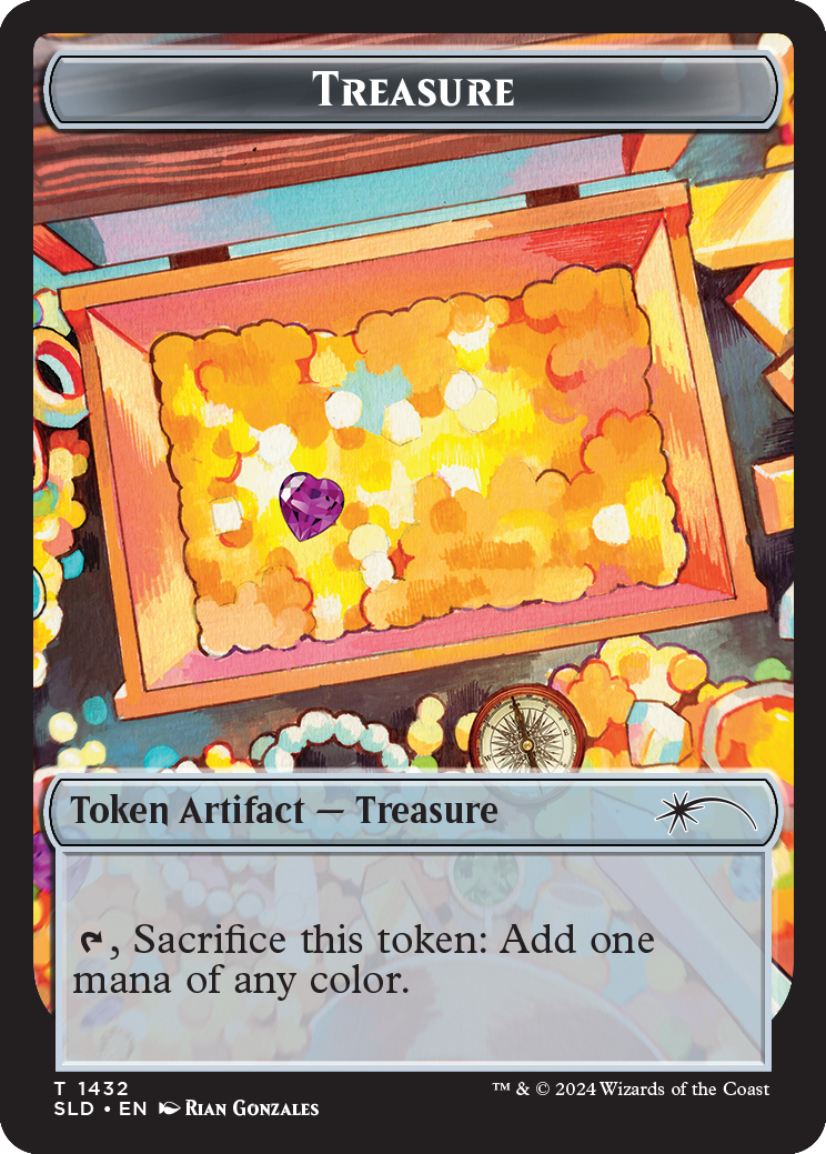 A treasure map with a purple heart-shaped gem at the center, surrounded by clouds of gold, inside a treasure chest. The card is labeled 'Treasure' and is a token artifact in a card game.