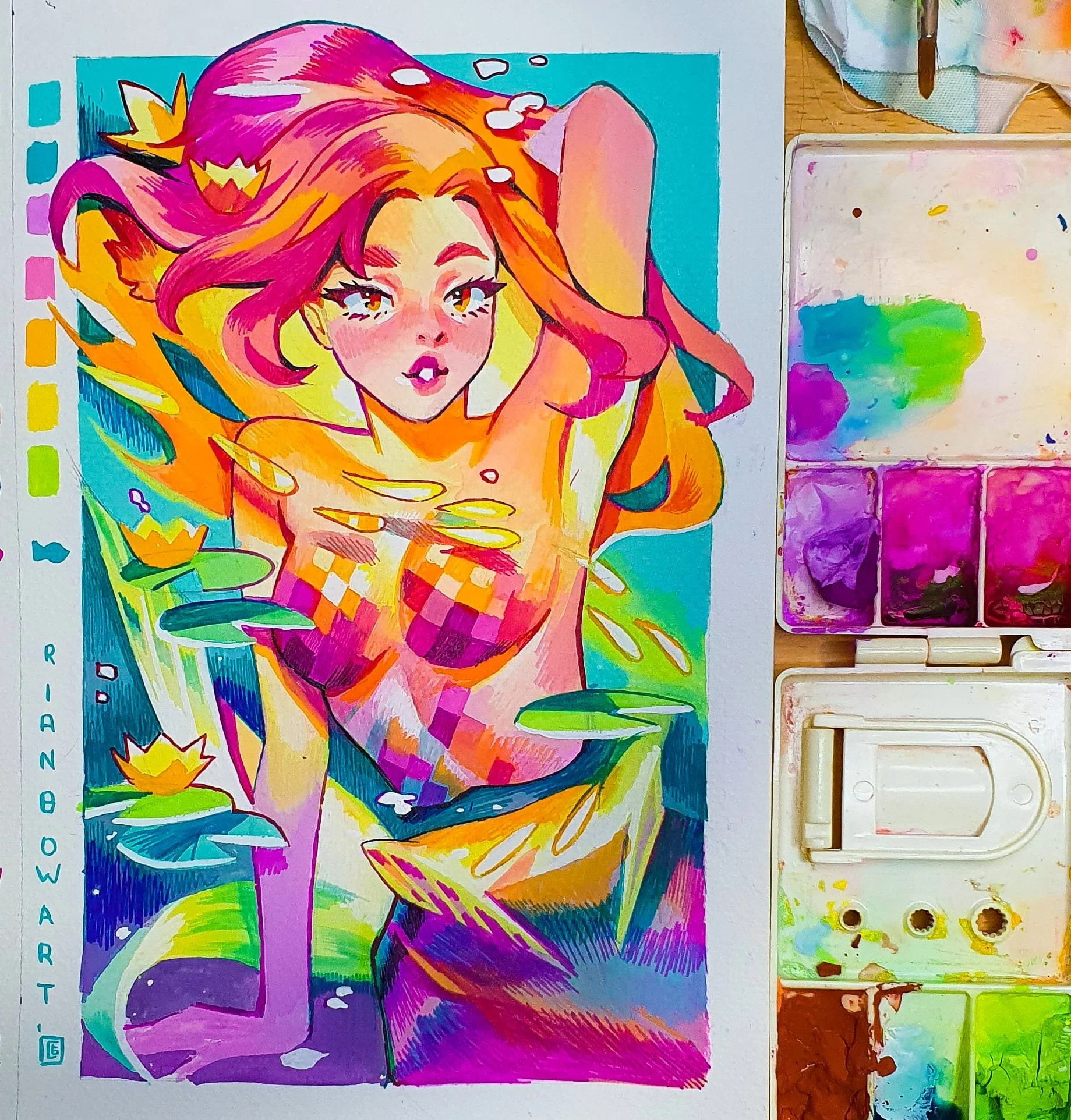 Colorful illustration of a woman with long pink and orange hair, reclining with her arms raised behind her head, surrounded by water lilies and lily pads, with a vibrant background.