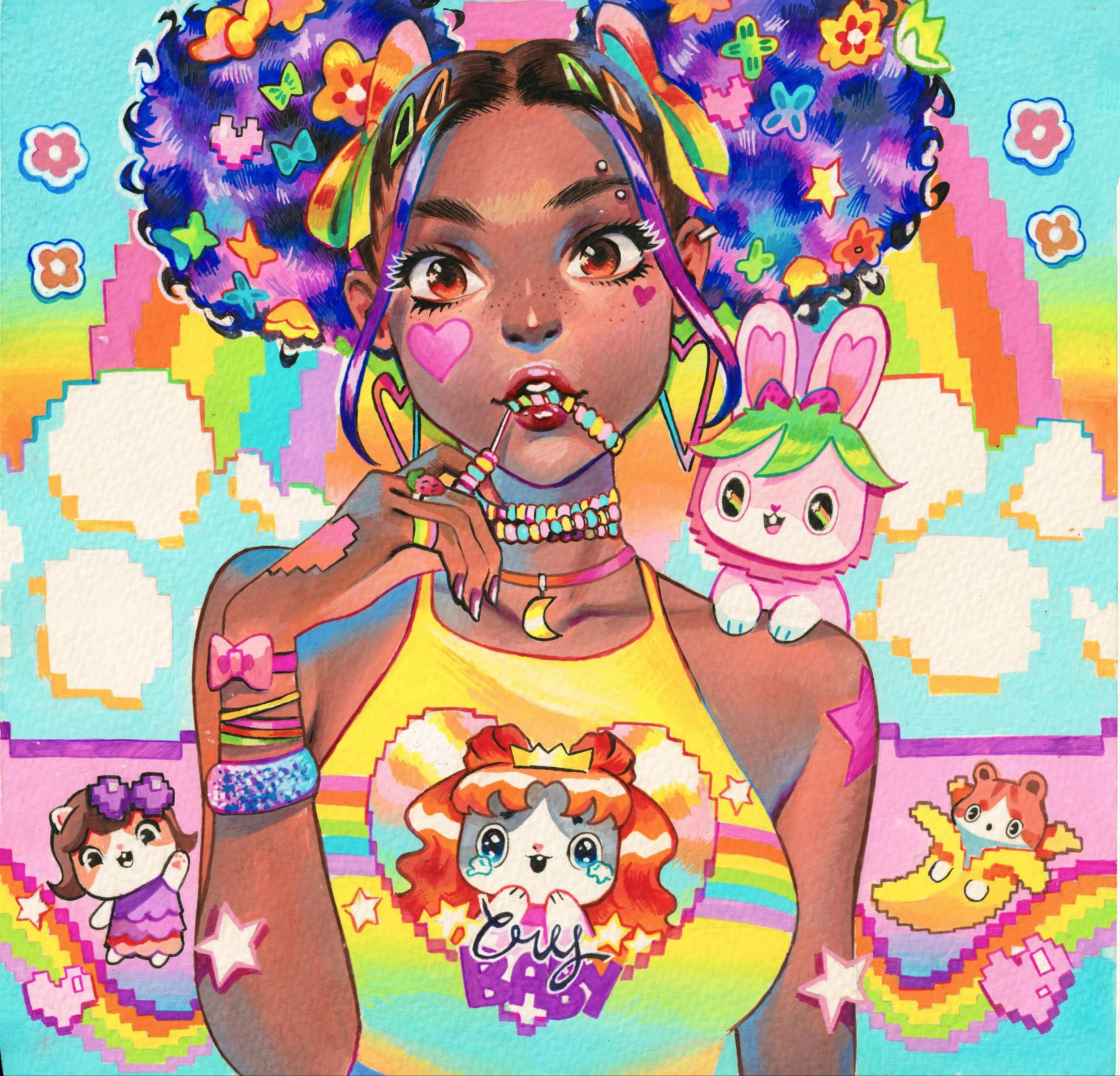 A colorful, cartoon-style illustration of a girl with dark skin and big brown eyes, surrounded by vibrant, neon-colored rainbows, pixelated hearts, stars, and cute characters. She has curly purple hair decorated with rainbow ribbons and stars, and sh