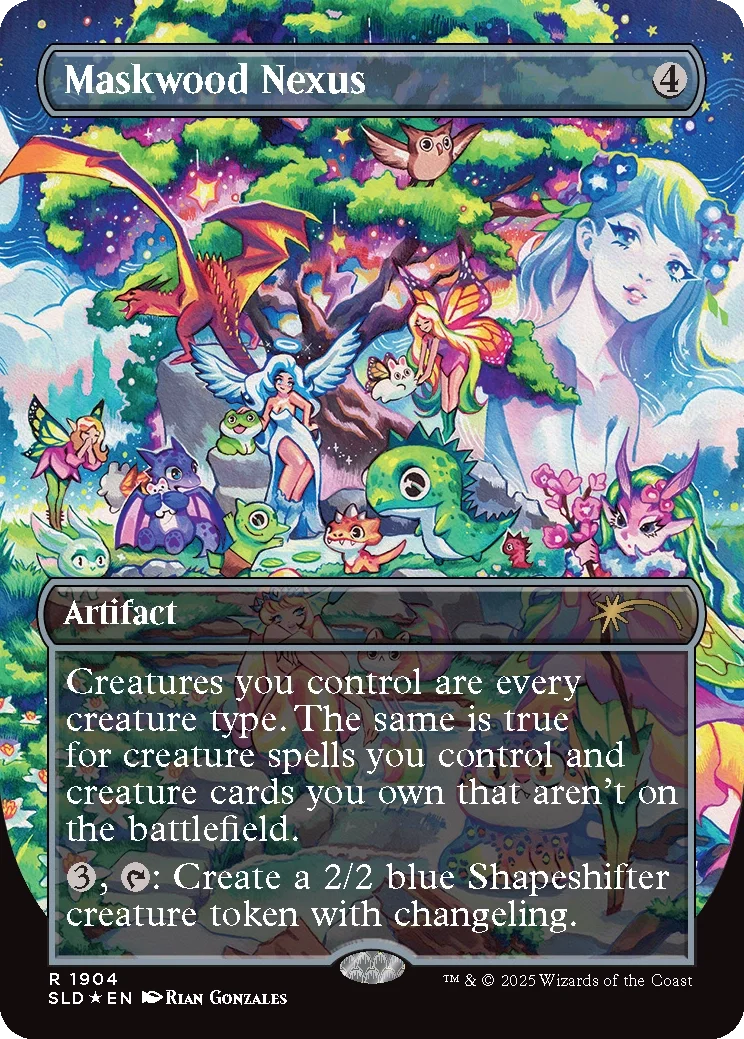 A fantasy-themed Magic: The Gathering card titled "Maskwood Nexus" featuring various whimsical creatures, a large fairy-like woman with blue hair, a dragon, a mermaid, an owl, and a colorful background with stars, clouds, and a rainbow.