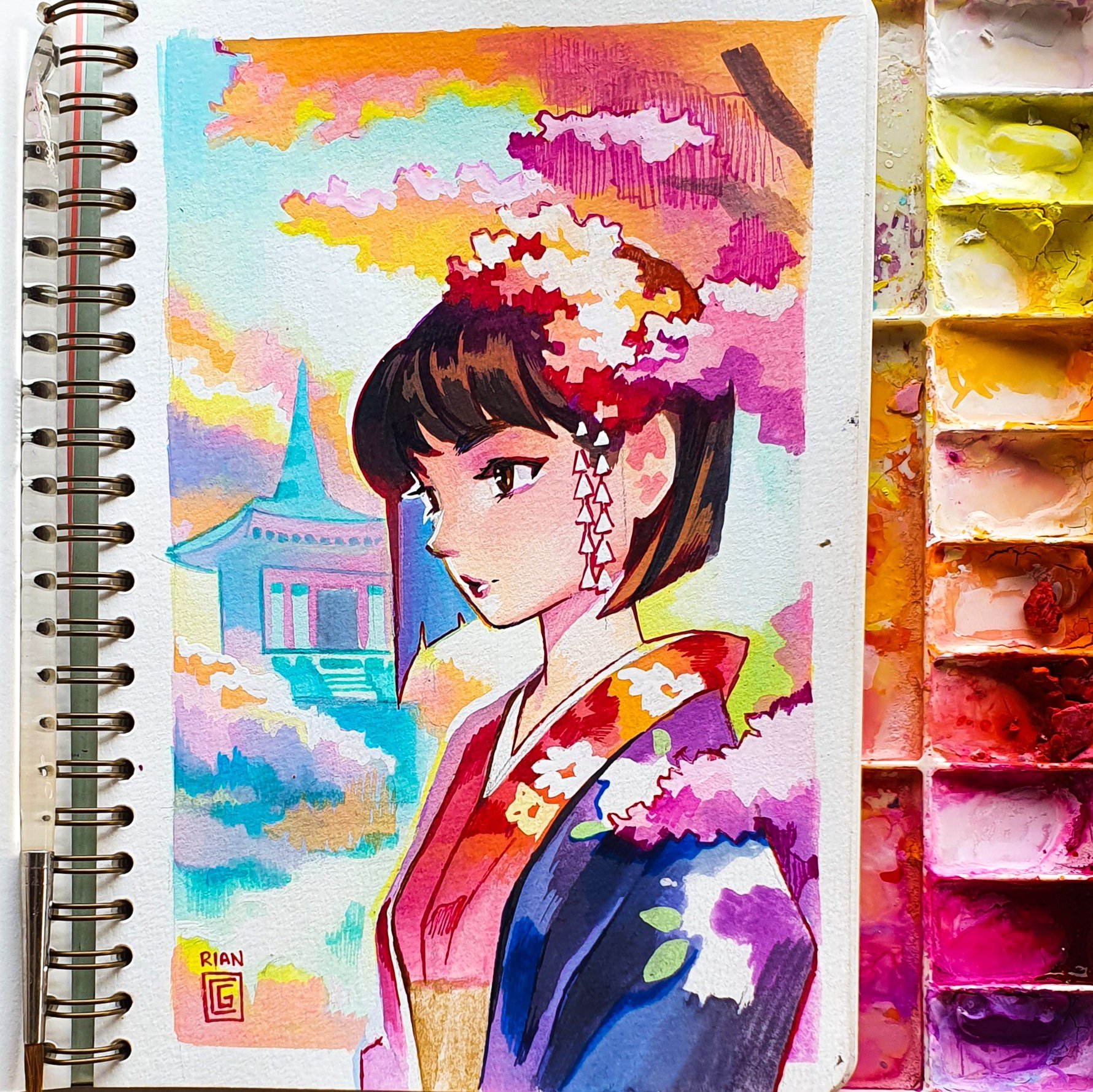 A colorful watercolor painting of a young woman in traditional Japanese attire, standing outdoors with a Pagoda-style building in the background, surrounded by vibrant clouds and sky.