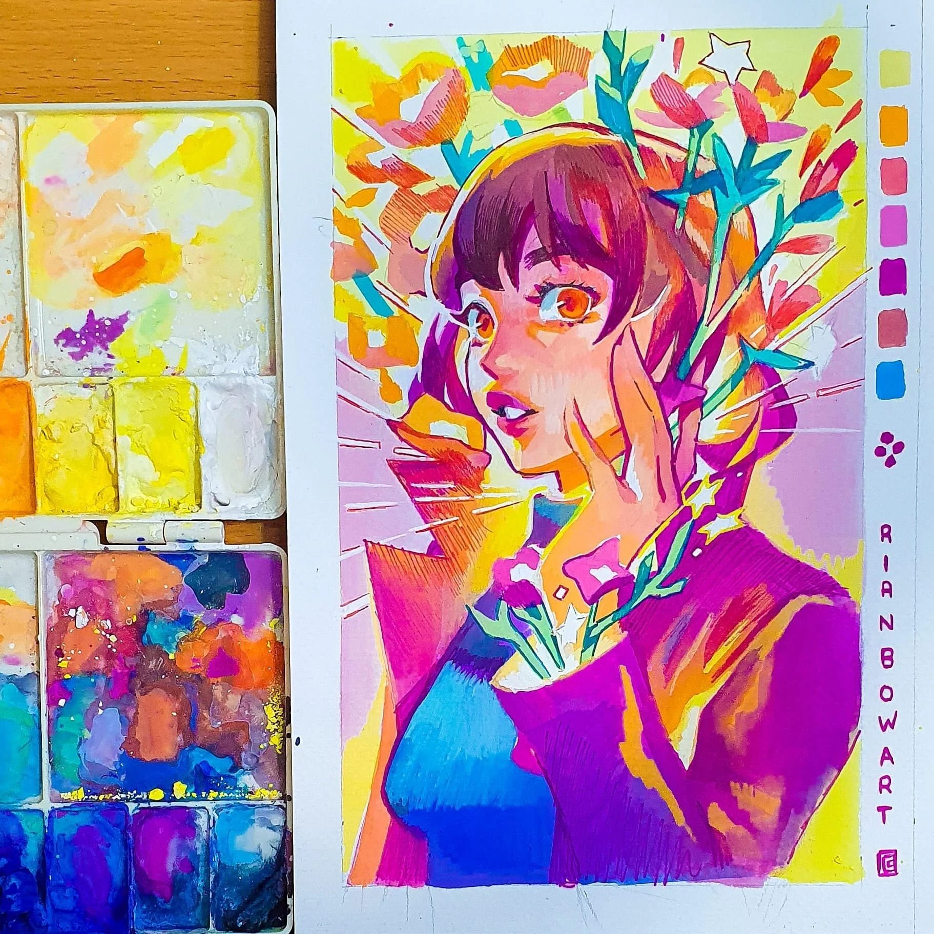 Colorful illustration of a woman with short dark hair, wearing a blue top and purple jacket, surrounded by vibrant flowers, with hand near face, expressive eyes, and dynamic background.