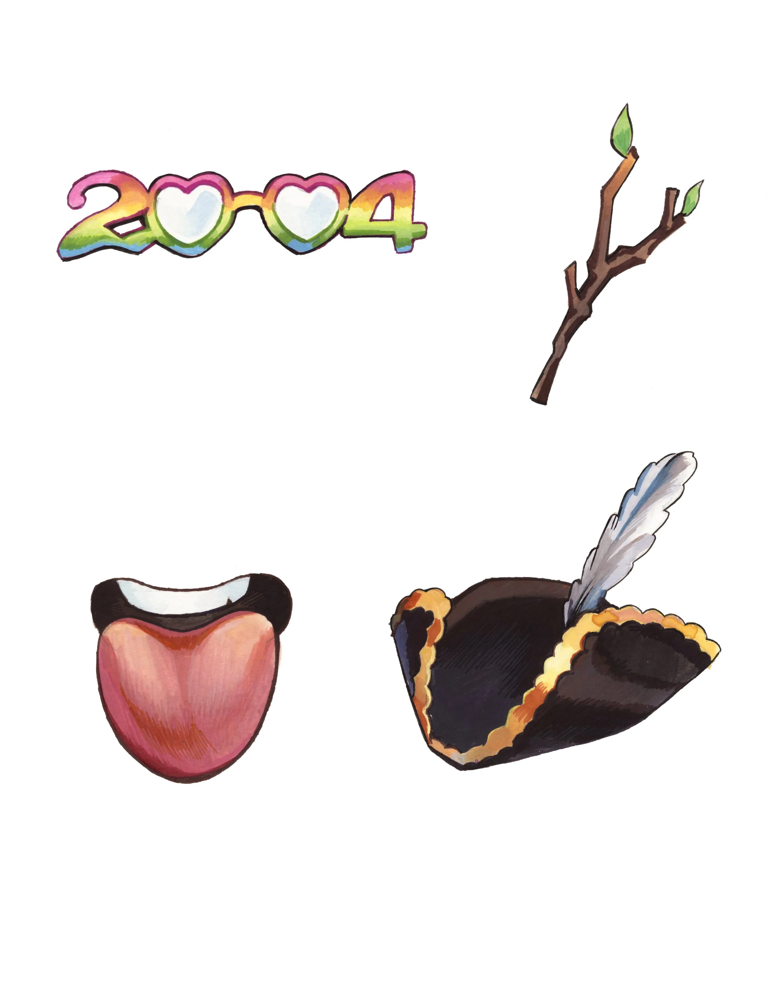 Colorful illustration of the year 2004 with rainbow hearts, a tree branch with green buds, a toucan's open beak, and a black and yellow feathered bird.