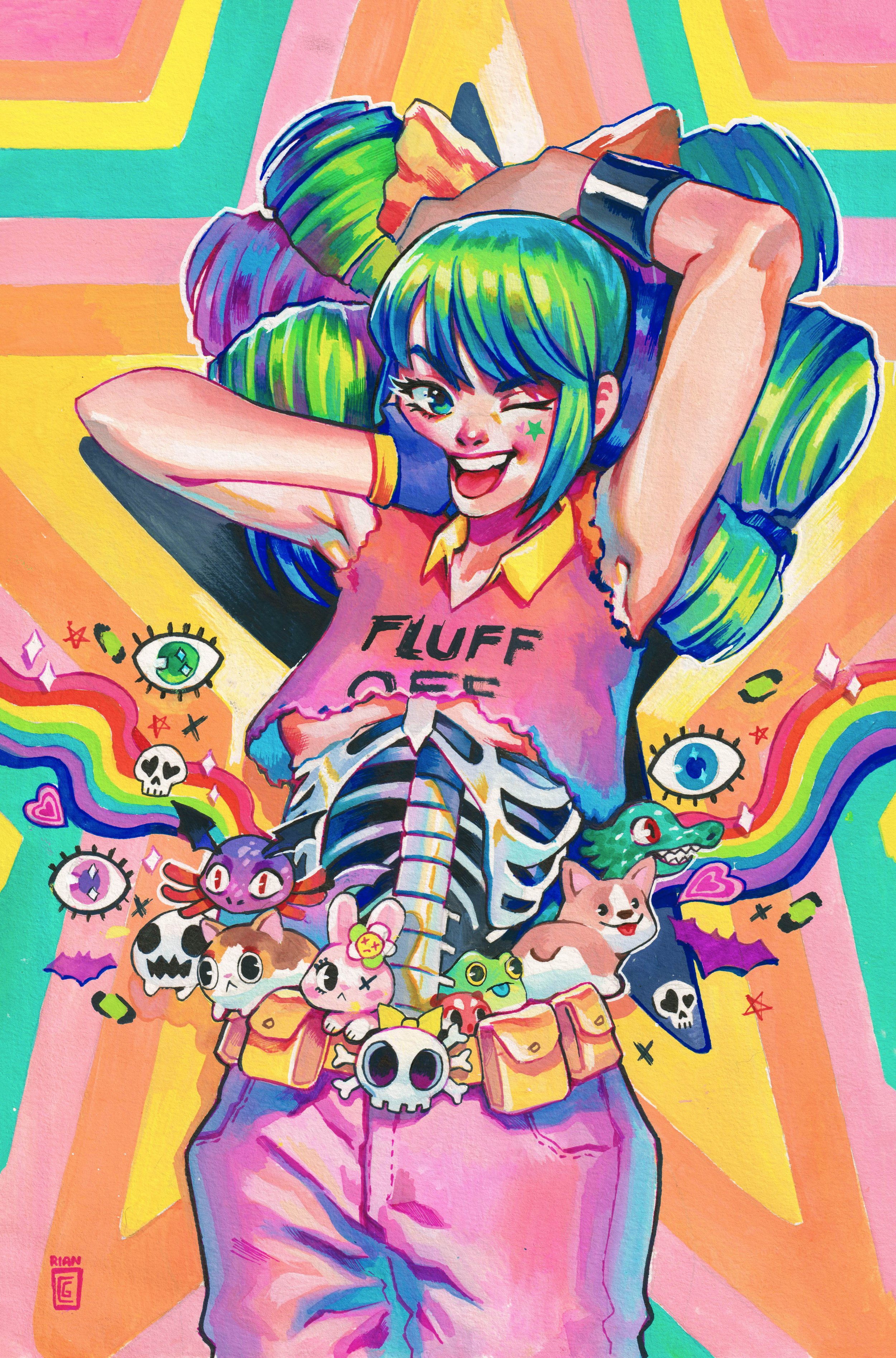 A colorful animated girl with blue and green hair, winking, wearing a pink shirt with 'FLUFF QUEEN' written on it, pink pants, and a skeleton belt. She is surrounded by cartoonish skulls, eyes, rainbows, and cute creatures against a vibrant background.