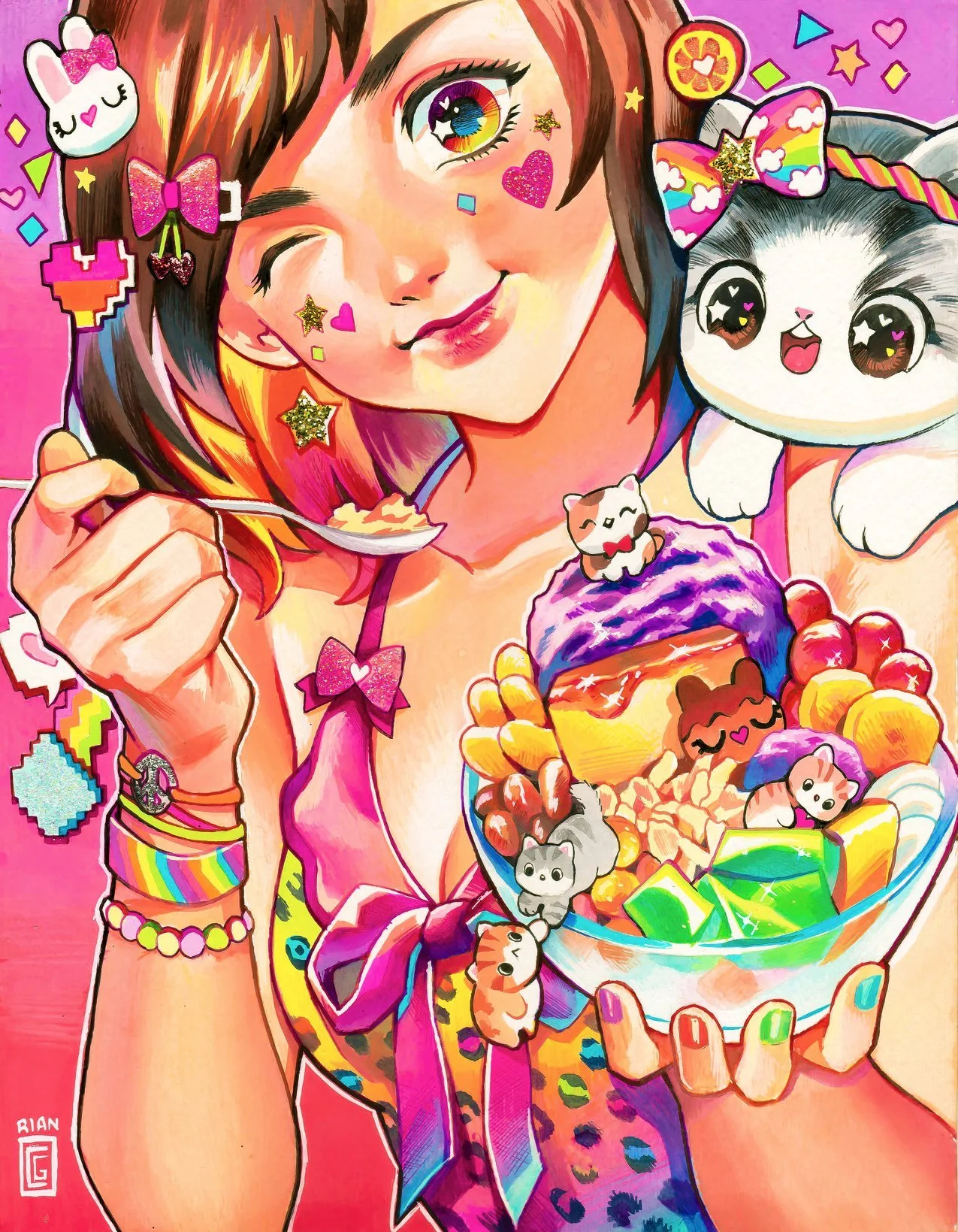 A colorful, cartoon-style illustration of a girl with short, multicolored hair and sparkling eyes, holding a large bowl of dessert with various small animal and character figures on top. The girl is smiling and surrounded by vibrant decorations including rainbow, heart, star, and pixelated graphics.