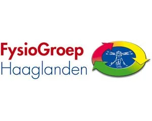 Logo van FysioGroep Haaglanden met een cirkel en een menselijke figuur in het midden, omringd door gekleurde pijlen.