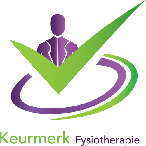 Logo met een silhouet van een persoon in sportkleding en een grote groene vink, met de tekst 'Keurmerk Fysiotherapie' eronder.