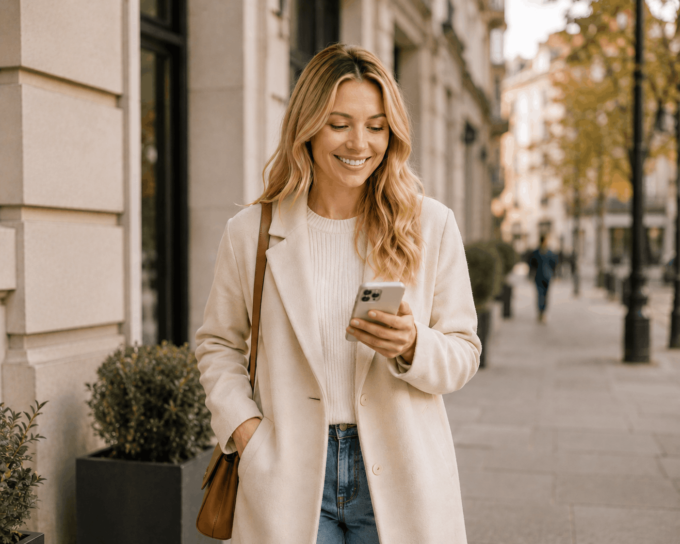 A woman with wavy blonde hair smiling while looking at her smartphone on a city sidewalk during autumn.