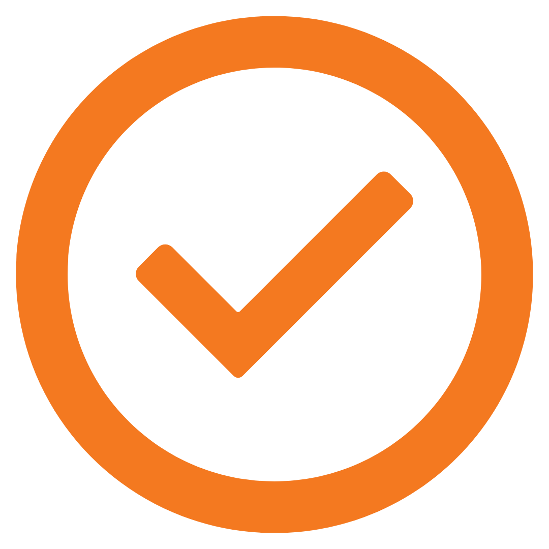 Orange checkmark inside an orange circle on a black background.