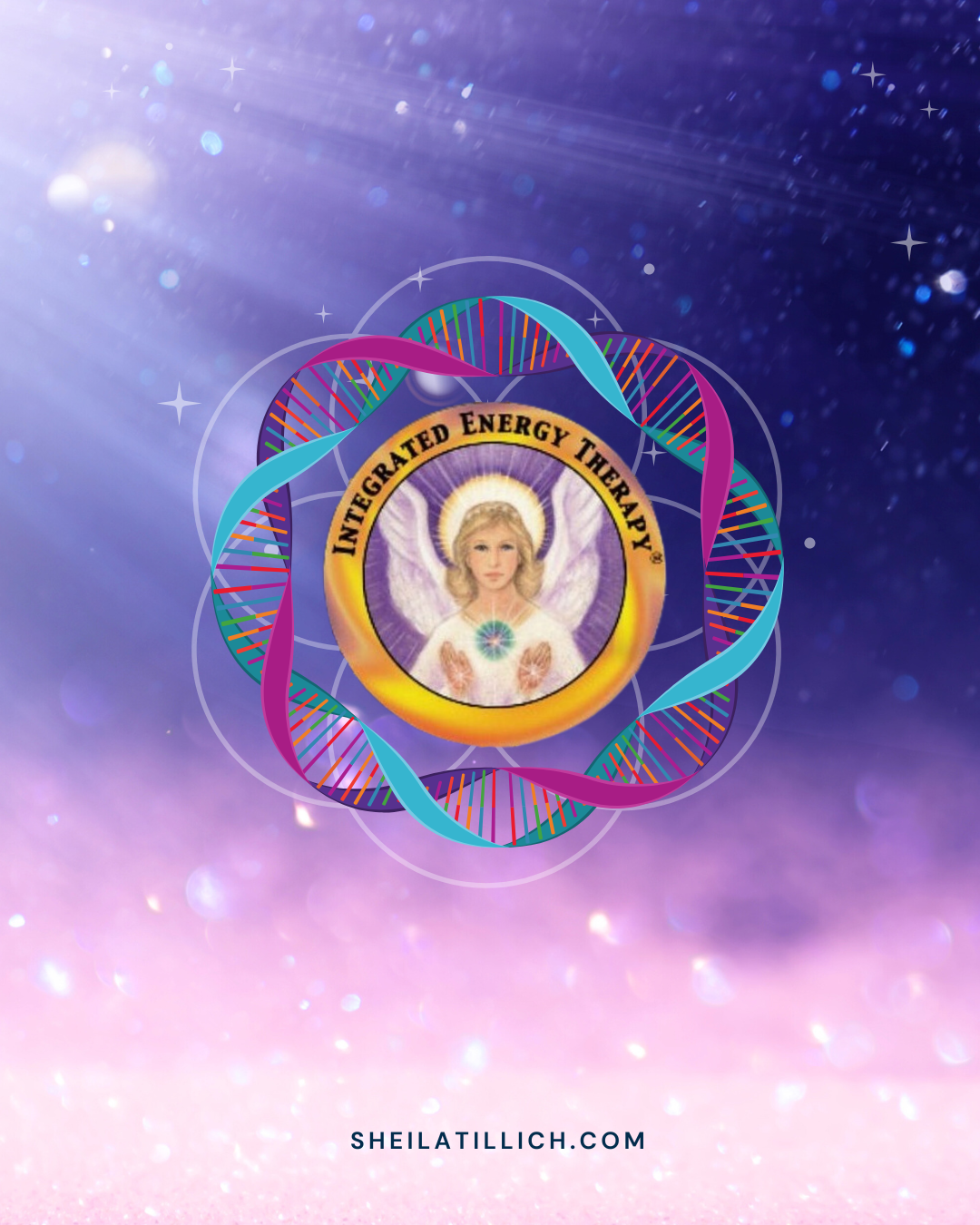 A digital artwork featuring a central emblem with the text 'Integrated Energy Therapy' and an angelic figure with blonde hair, illuminated halo, and wings. The emblem is surrounded by a colorful double helix DNA strand and a geometric design, set against a cosmic background with stars and light rays.