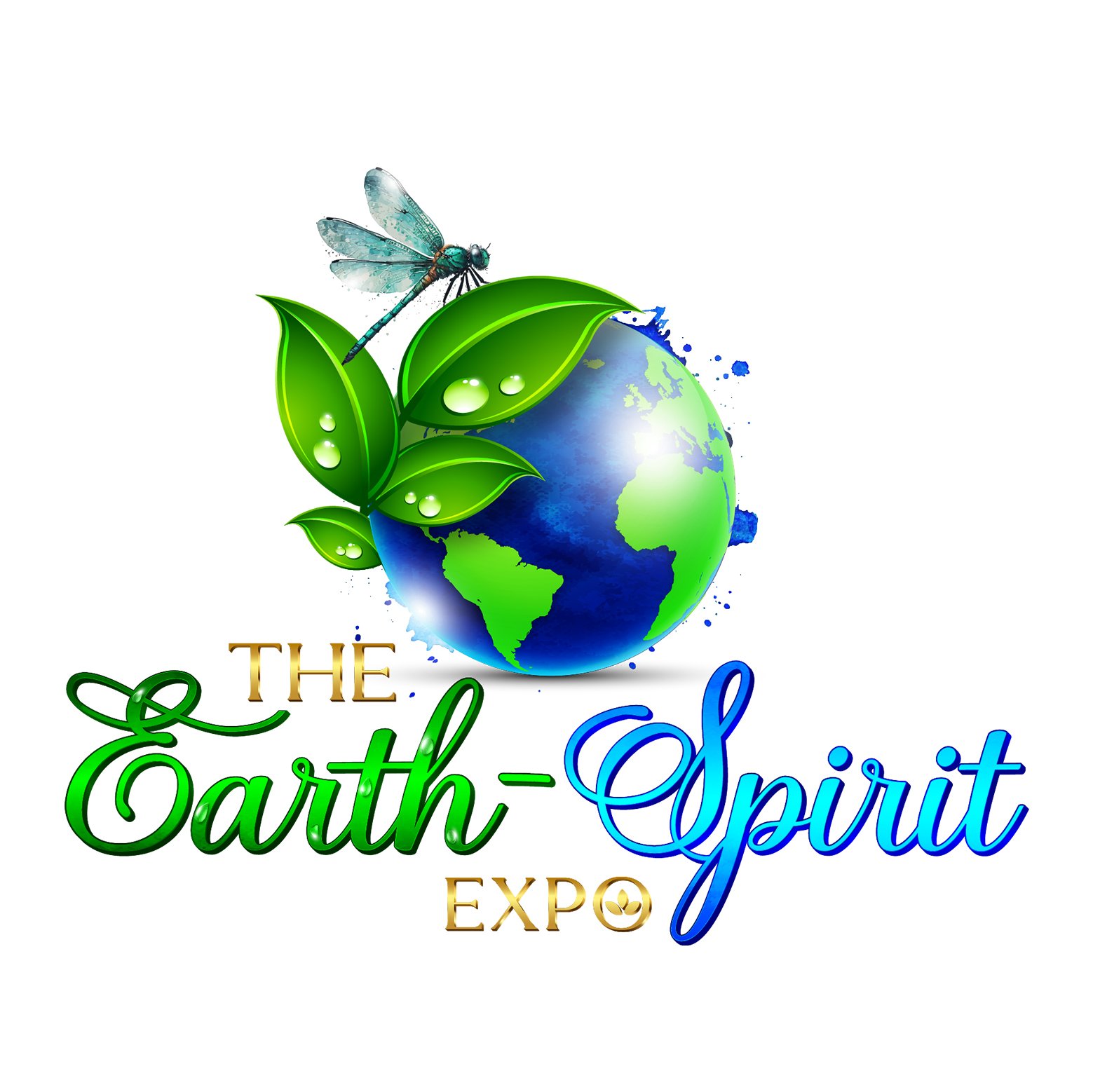Logo for The Earth Spirit Expo featuring a globe with green landmasses, a dragonfly on green leaves with water droplets, and the event name in colorful cursive and bold text.