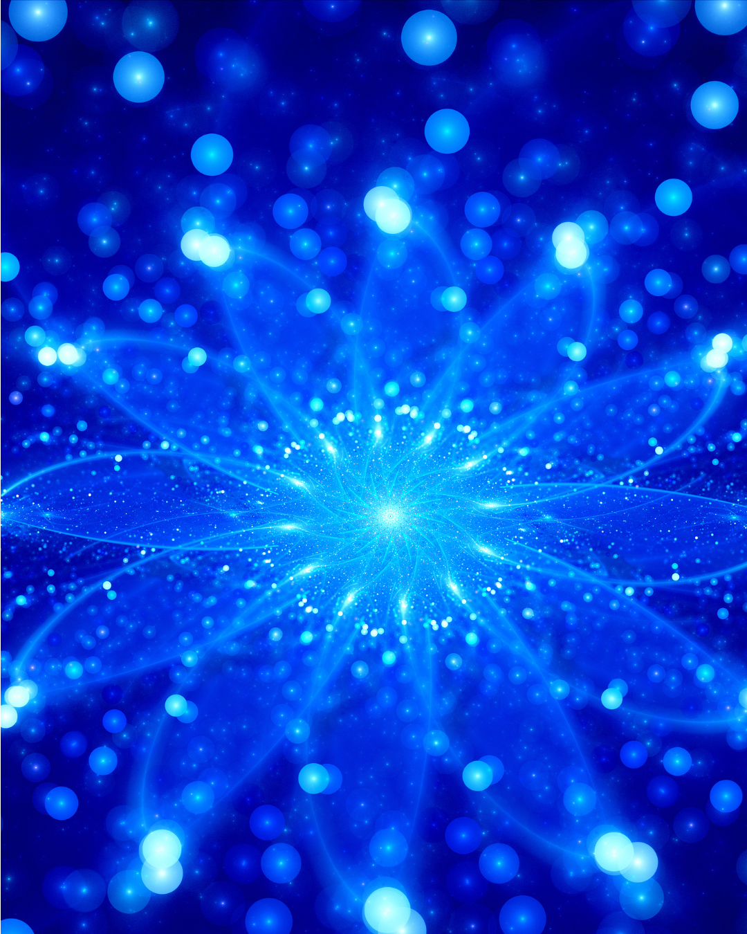 Abstract digital image of bright blue light bursts and particles emanating from a central point against a dark blue background.