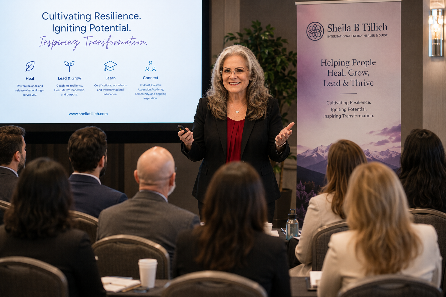 A woman with long gray hair and glasses giving a presentation at a conference. She is smiling, wearing a black blazer and red shirt, holding a remote control. Audience members are seated, facing her. Behind her is a large screen with a slide about resilience and transformation, displaying the website sheilatillich.com. To her right, a purple banner reads, 'Helping People Heal, Grow, Lead & Thrive' and features an image of mountains and text about cultivating resilience and inspiring transformation.