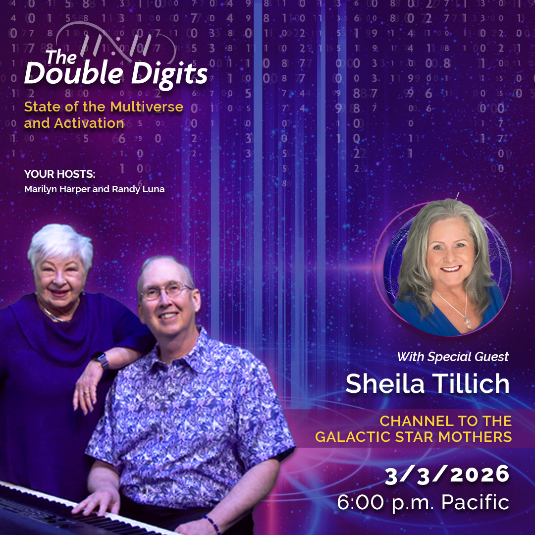 Event poster for 'The Double Digits: State of the Multiverse and Activation,' hosted by Marilyn Harper and Randy Luna with special guest Sheila Tillich. The poster features images of Marilyn Harper and Randy Luna, and Sheila Tillich, against a purple