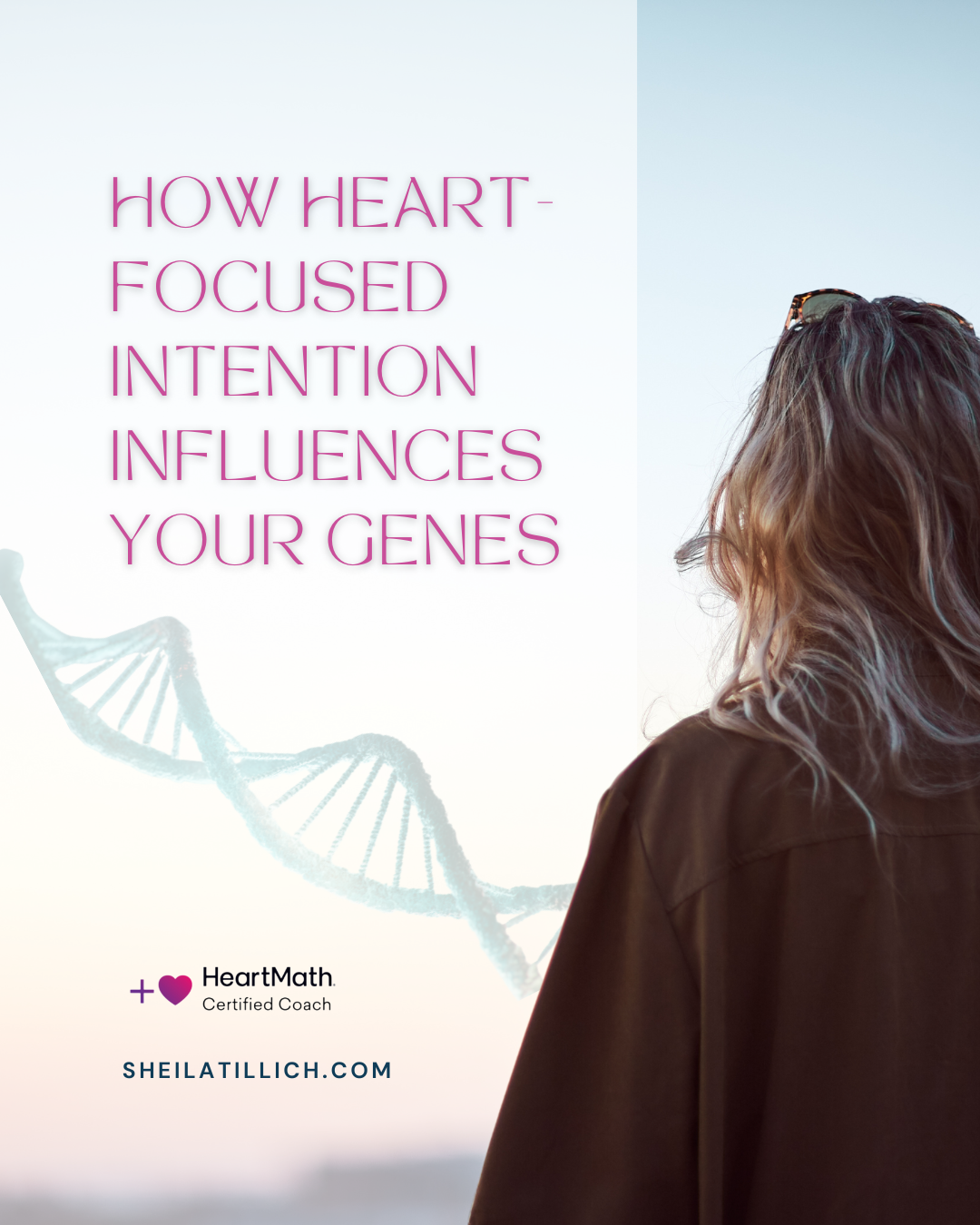 A woman with wavy hair looking away, standing outdoors during sunset. On the left side of the image, text reads 'How Heart-Focused Intention Influences Your Genes' in pink letters. There is a DNA double helix illustration faintly visible in the background. Below, it says 'HeartMath. Certified Coach' and 'sheilatillich.com'.