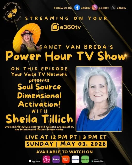Promotional poster for Sheila Tillich's Power Hour TV Show on the voice network, streaming on e360tv. Features a photo of Sheila Tillich, an elder with gray hair, smiling in a blue top. The poster encourages viewers to watch live on May 3, 2026, at 1