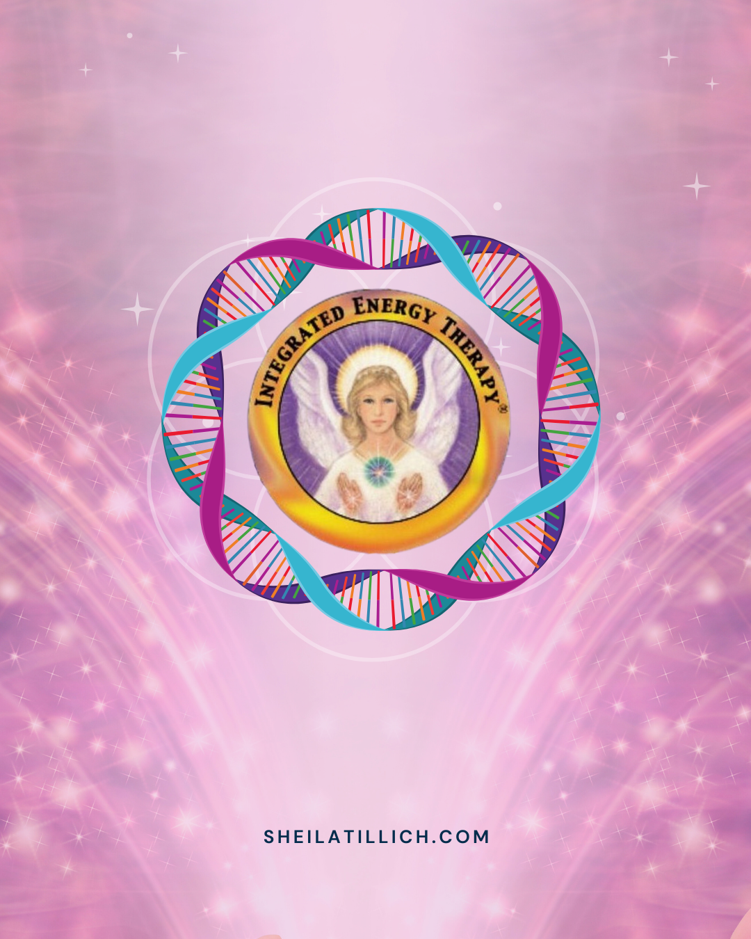 Logo for Integrated Energy Therapy featuring a woman with angelic wings, surrounded by a glow and a colorful DNA double helix border, with the website sheilatillich.com at the bottom.