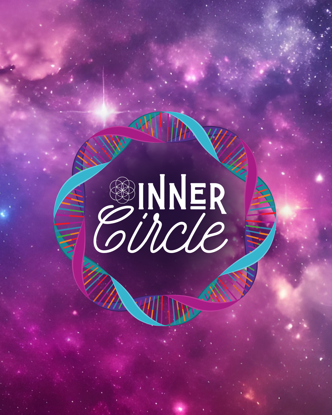 A logo with the text 'Inner Circle' inside a colorful circular DNA strand on a purple galaxy background.
