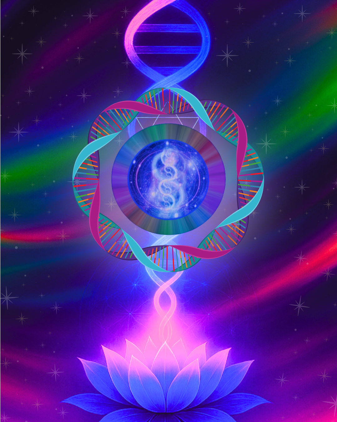 A digital artwork with a glowing lotus flower at the bottom, emitting a pink light. Above the lotus, a swirling pink and blue energy vortex extends upward, connecting to a sphere with a blue and purple galaxy inside, featuring celestial elements. Surrounding the sphere is a multicolored geometric shape resembling a DNA double helix. The background is dark with multicolored light streaks, stars, and cosmic patterns, creating a mystical, spiritual atmosphere.