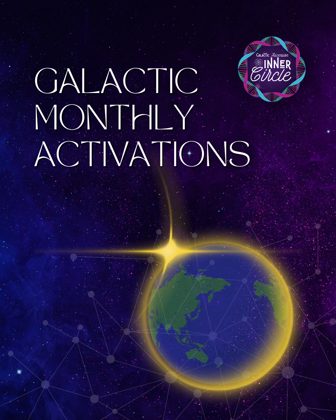 A digital graphic with a space background featuring stars and purple nebulae. There is a glowing Earth with a yellow outline, surrounded by connected dots resembling a network. The text reads 'Galactic Monthly Activations' and a circular logo in the top right corner says 'Galactic Ascension Inner Circle' with a colorful border.