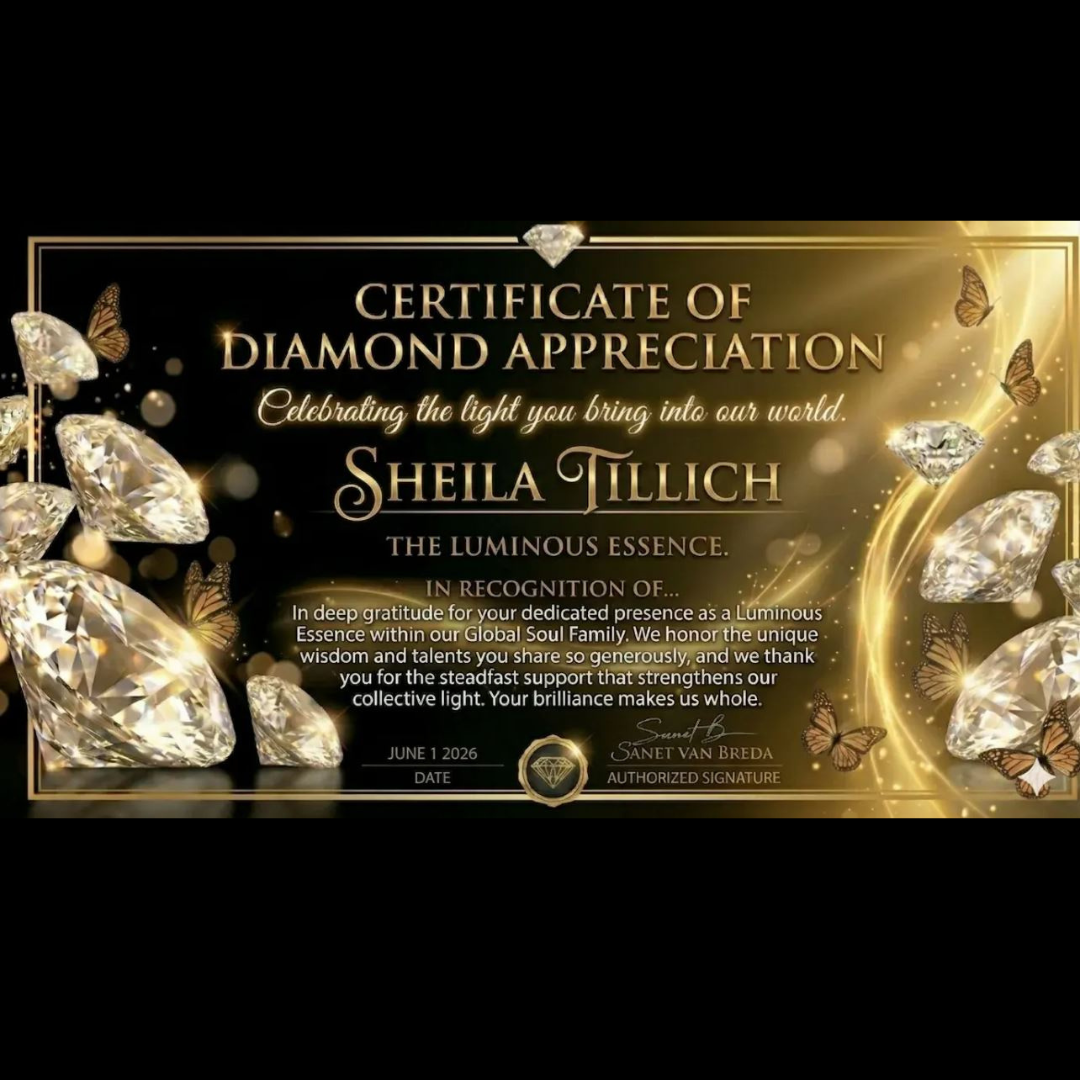 Gold and black certificate with diamonds and butterflies, titled 'Certificate of Diamond Appreciation' honoring Sheila Tillich, signed by Sanet Van Breda, dated June 1, 2026.
