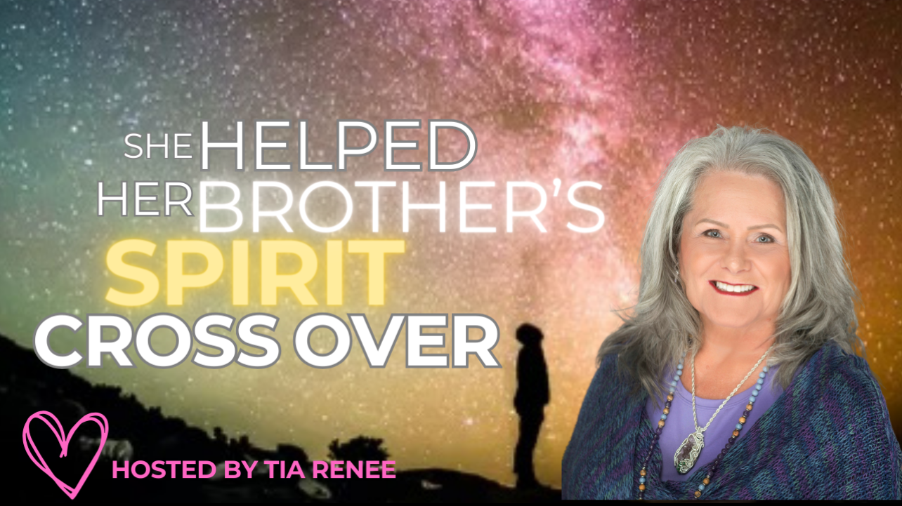 A woman with gray hair smiling, wearing a purple top and a necklace, standing in front of a starry night sky with the Milky Way galaxy visible, along with text that reads, 'She helped her brother's spirit cross over,' hosted by Tia Renee, with a pink