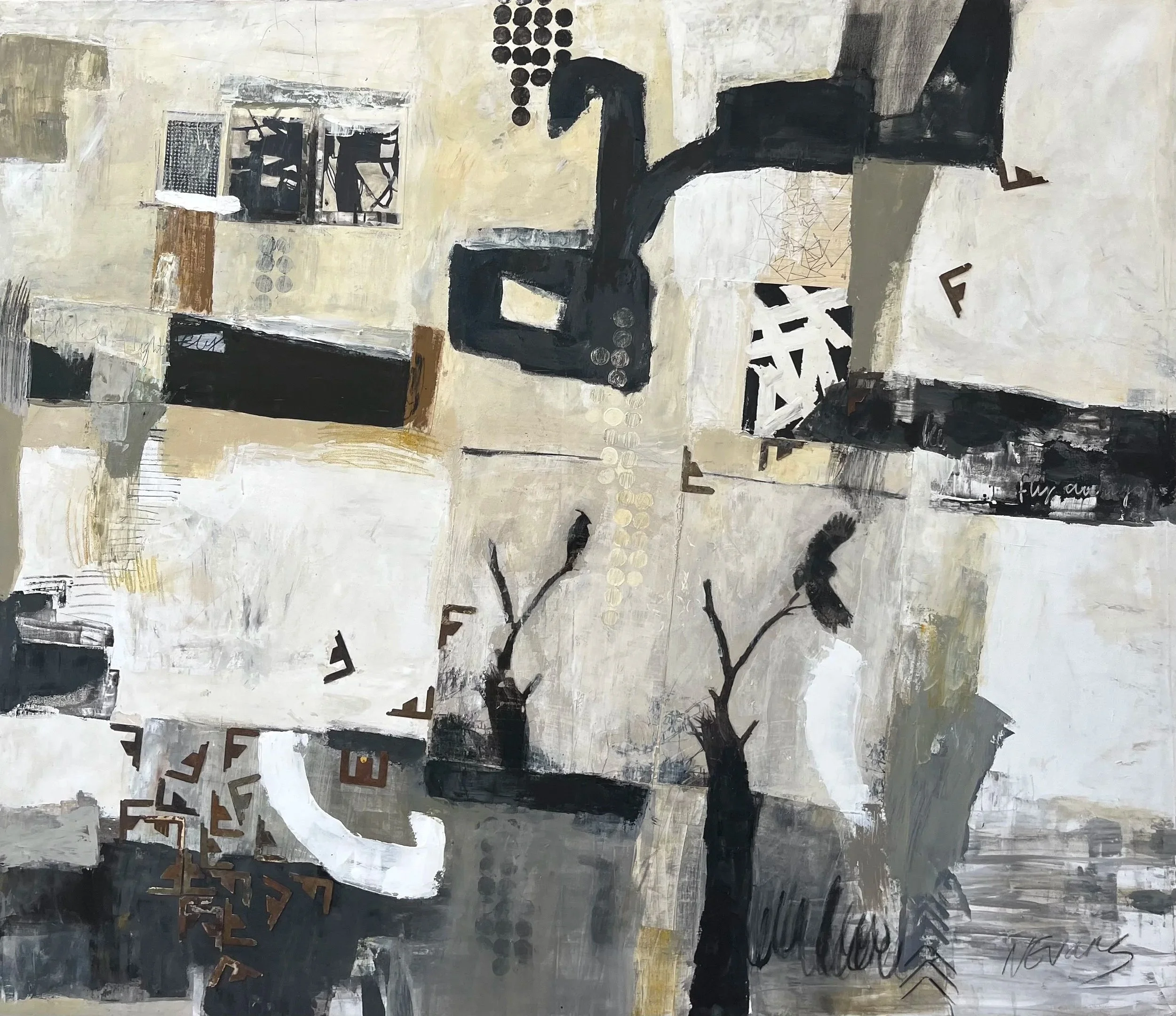 Take Flight, 2020, Mixed media and textile on canvas, 71 x 71cm