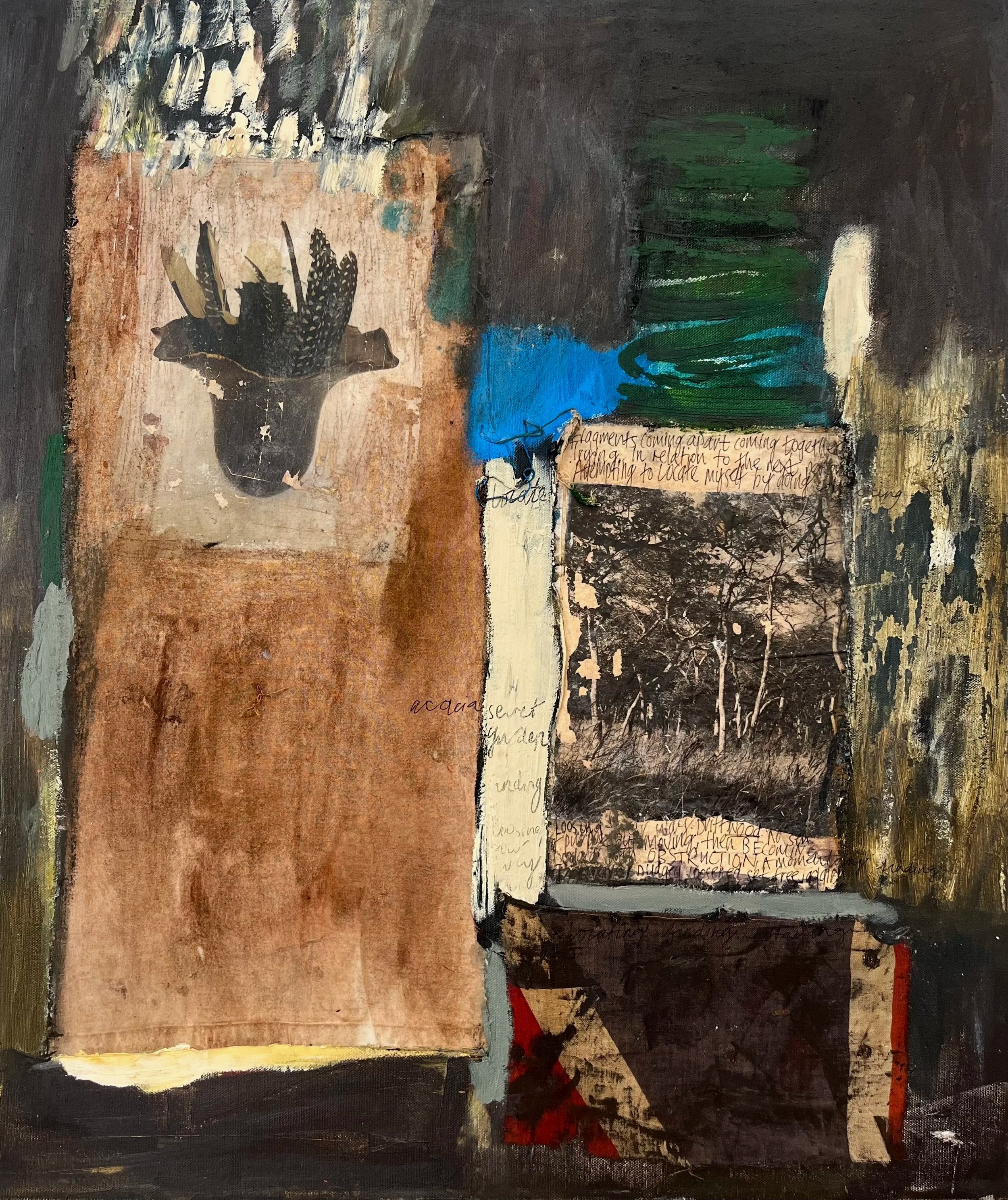 Grounded I, 2025, Mixed media, photography and textile on canvas, 71 x 71cm 