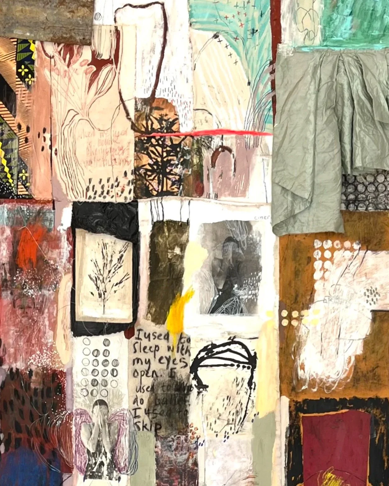 Components of Soul, 2025, 122cm x 340cm, mixed media assemblage tapestry (closeup crop)