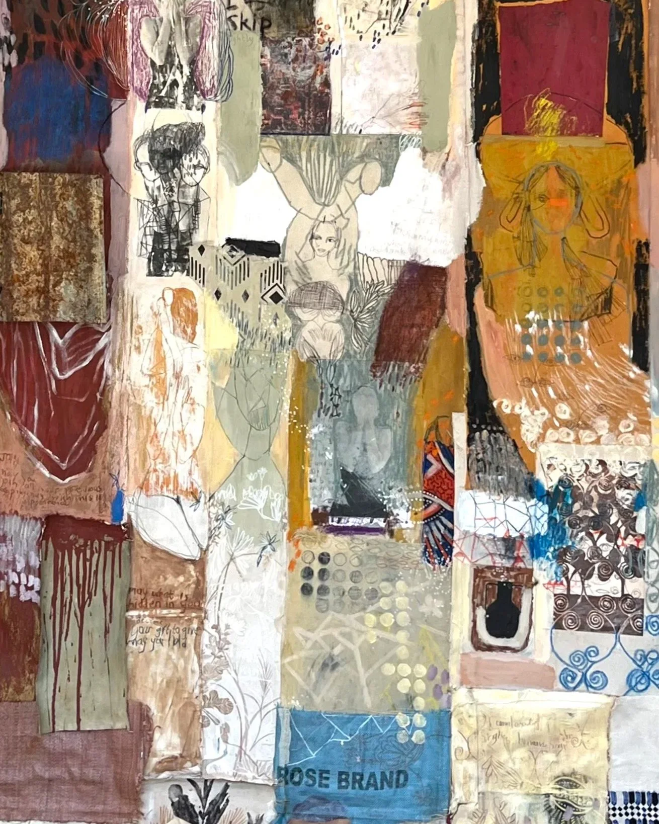 Components of Soul, 2025, 122cm x 340cm, mixed media assemblage tapestry (closeup crop)